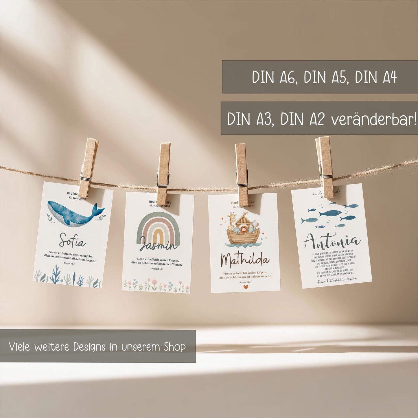 Personalisierbares Taufposter Arche Noah – Sofort-Download | Digitales Kinderzimmerbild | Format: DIN A6, A5, A3, A2, US Letter | Canva kleinebuchstaben