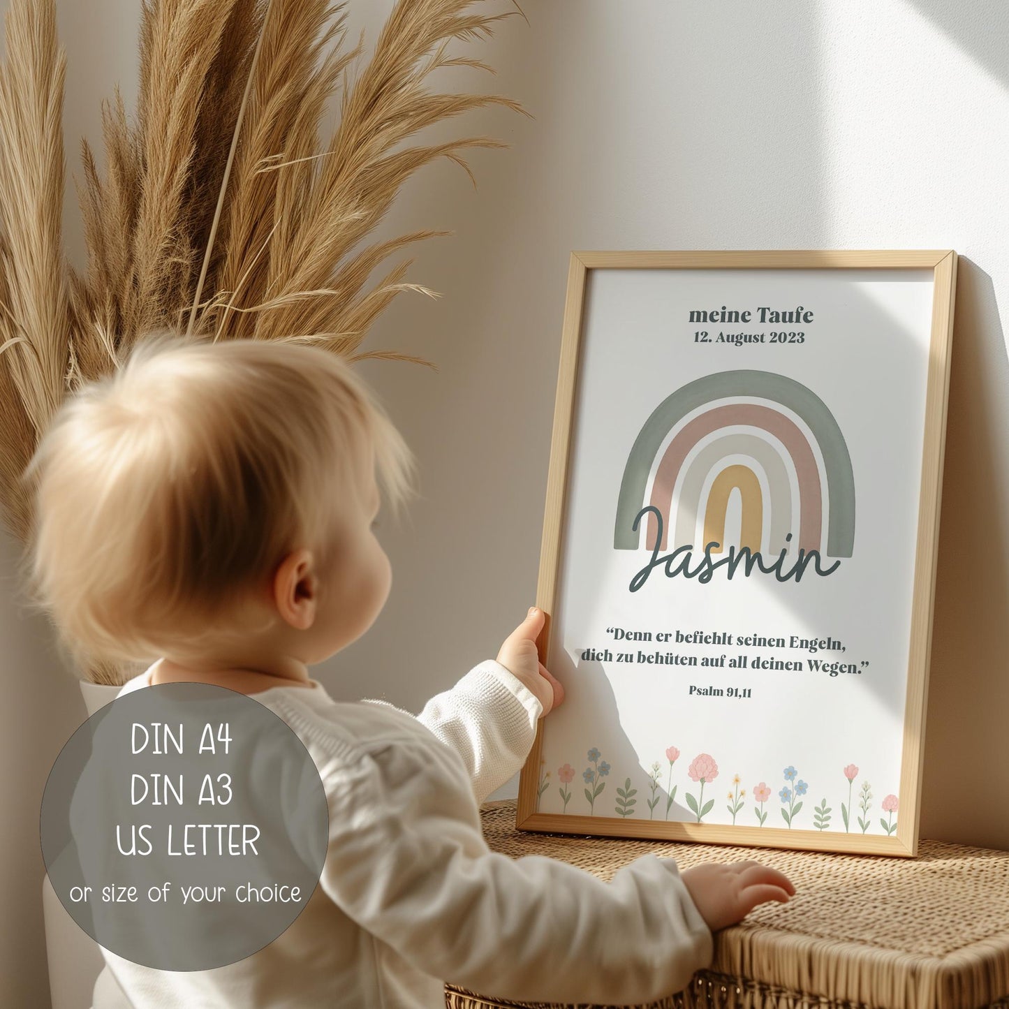 Taufposter Regenbogen – Sofort-Download | Digitales Kinderzimmerbild | Format: DIN A6, A5, A3, A2, US Letter | 30x45, 40x60, 50x75, 60x90 kleinebuchstaben