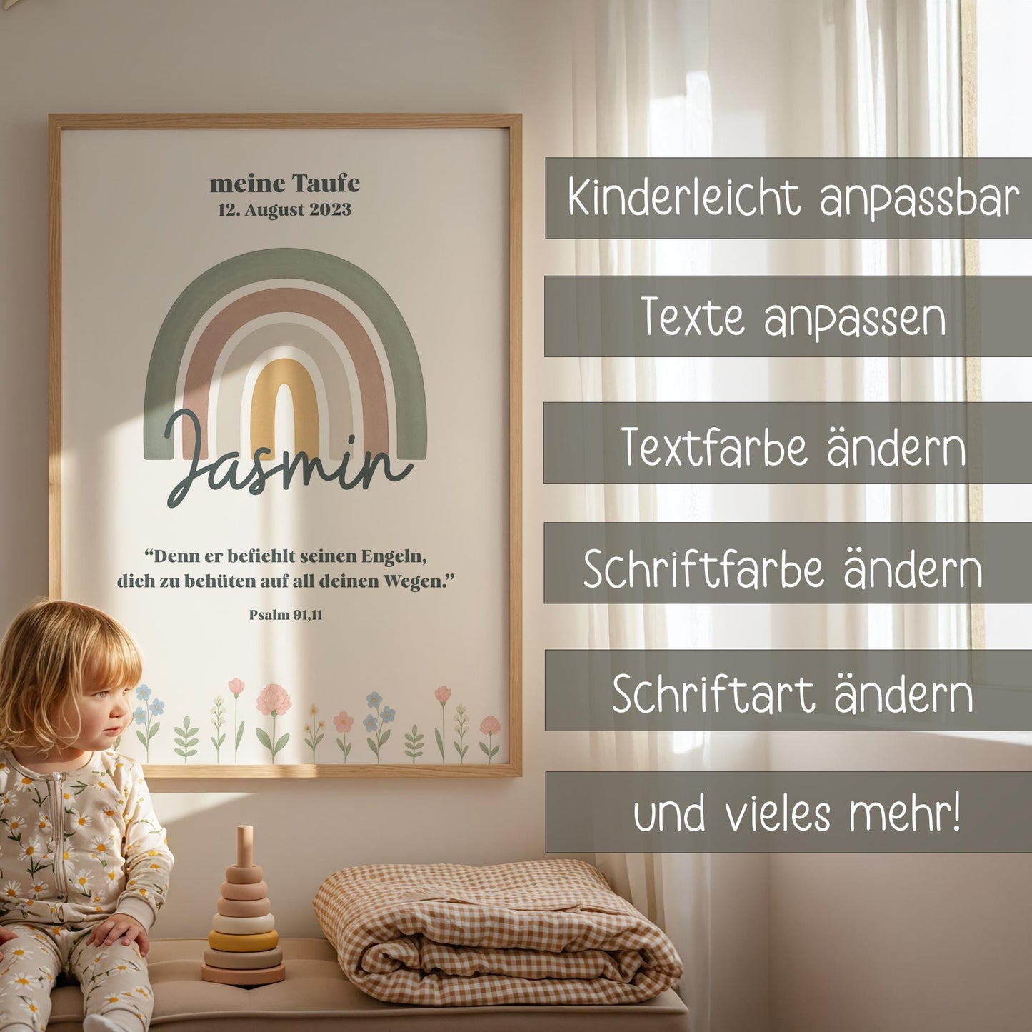 Taufposter Regenbogen – Sofort-Download | Digitales Kinderzimmerbild | Format: DIN A6, A5, A3, A2, US Letter | 30x45, 40x60, 50x75, 60x90 kleinebuchstaben