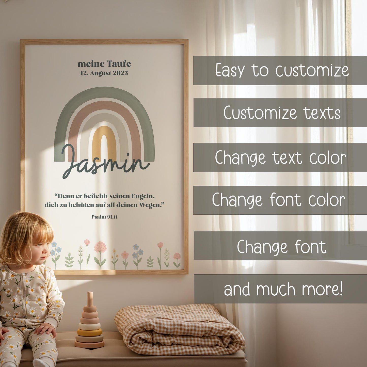 Taufposter Regenbogen – Sofort-Download | Digitales Kinderzimmerbild | Format: DIN A6, A5, A3, A2, US Letter | 30x45, 40x60, 50x75, 60x90 kleinebuchstaben