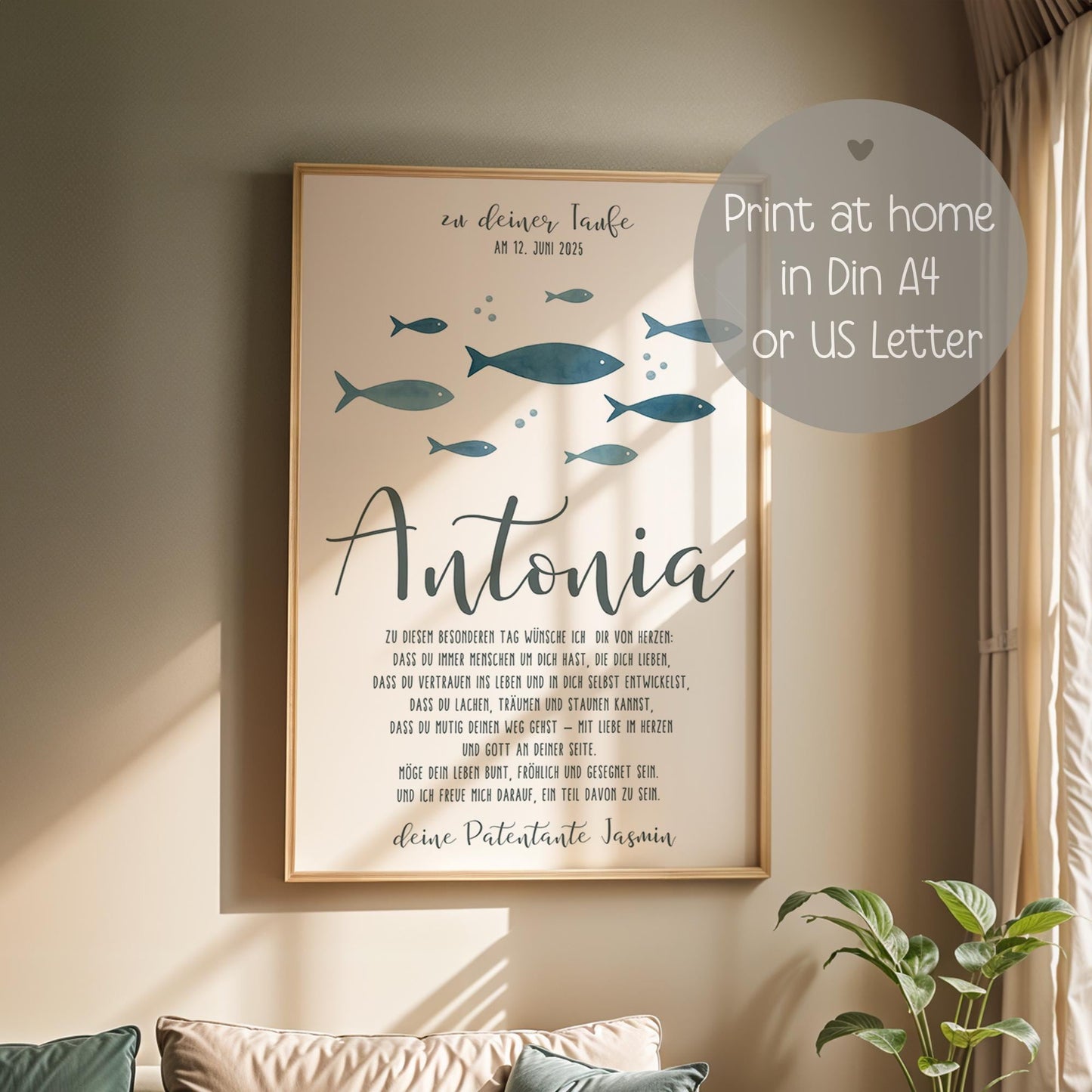 Taufposter Fische Patenbrief – Sofort-Download | Personalisiert Taufbrief | Formate: A6, A5, A3, A2, US Letter | 30x45, 40x60, 50x75, 60x90 kleinebuchstaben