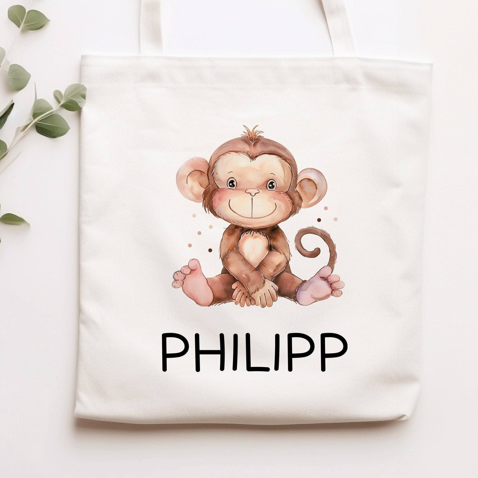 Kinder-Beutel mit Namen personalisiert - Affe - Stofftasche als Sporttasche, Wechselwäsche, Tragetasche - Kita, Kiga, Schule & Kindergarten  kleinebuchstaben