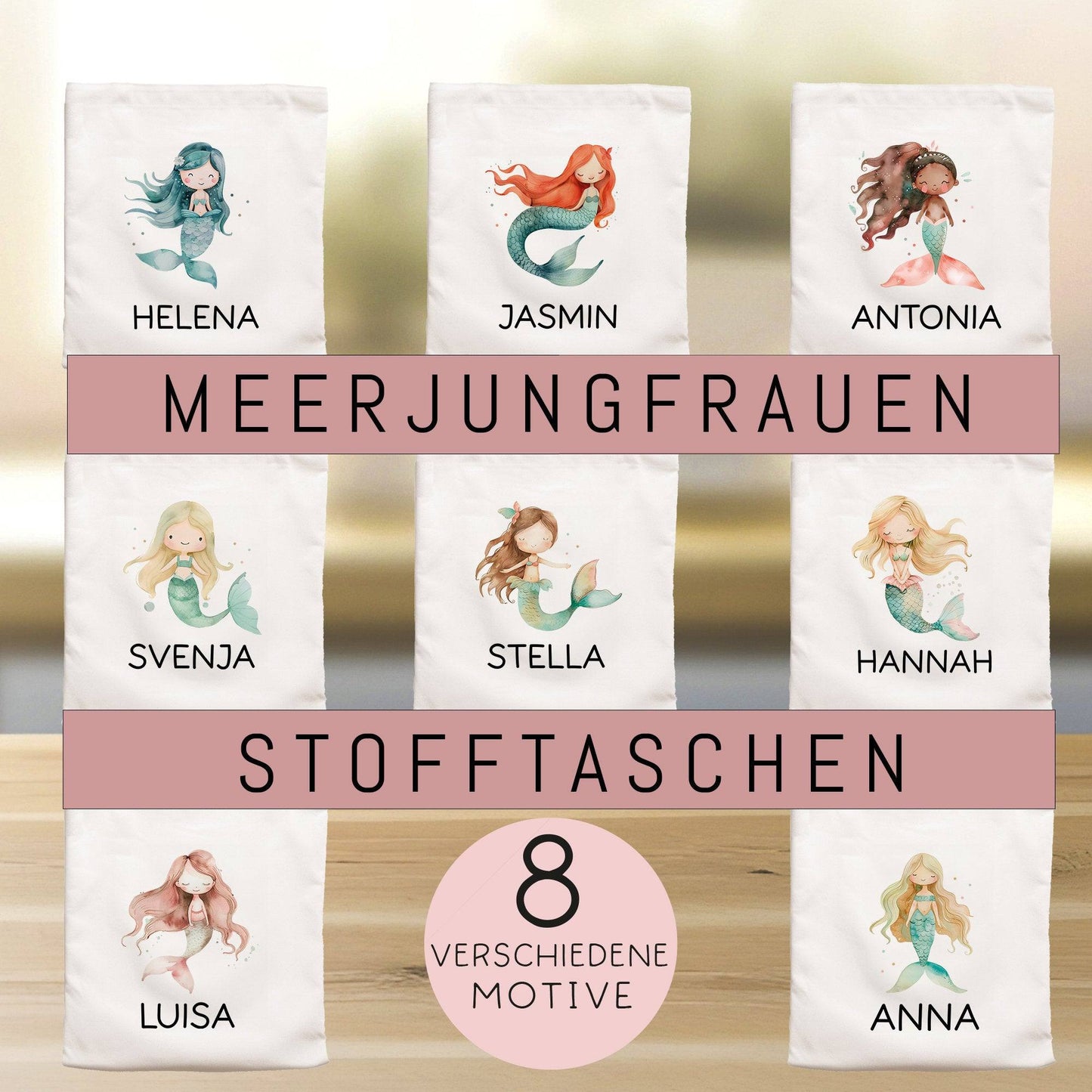 Meerjungfrau Stofftasche Personalisiert Einschulung Kindergarten Wäschebeutel Sportbeutel mit Wunschnamen für Schule, Wechselwäsche kleinebuchstaben