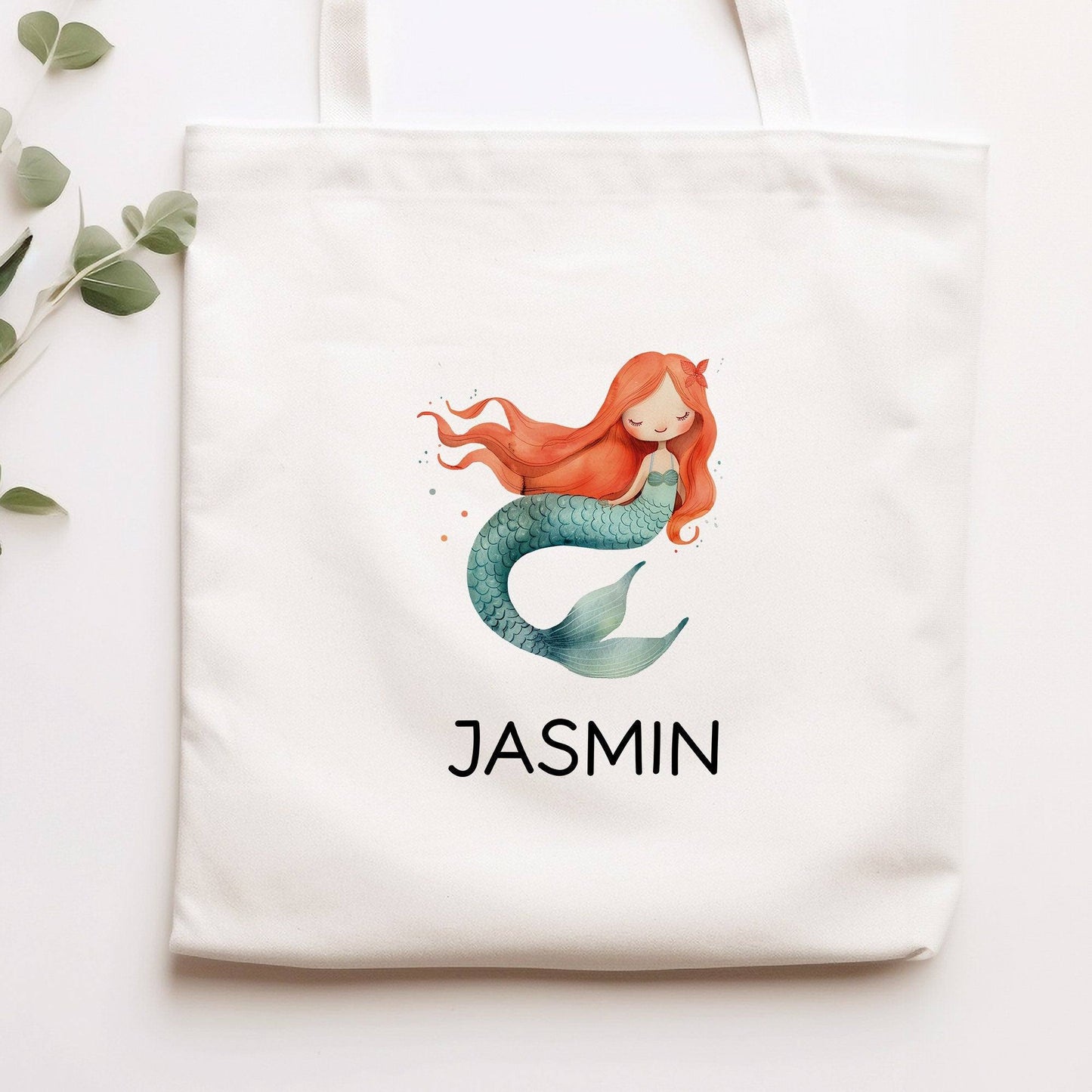 Meerjungfrau Stofftasche Personalisiert mit Wunschnamen Kinder-Beutel für Schule, Kindergarten, Wäschebeutel, Sportbeutel, Wechselwäsche kleinebuchstaben