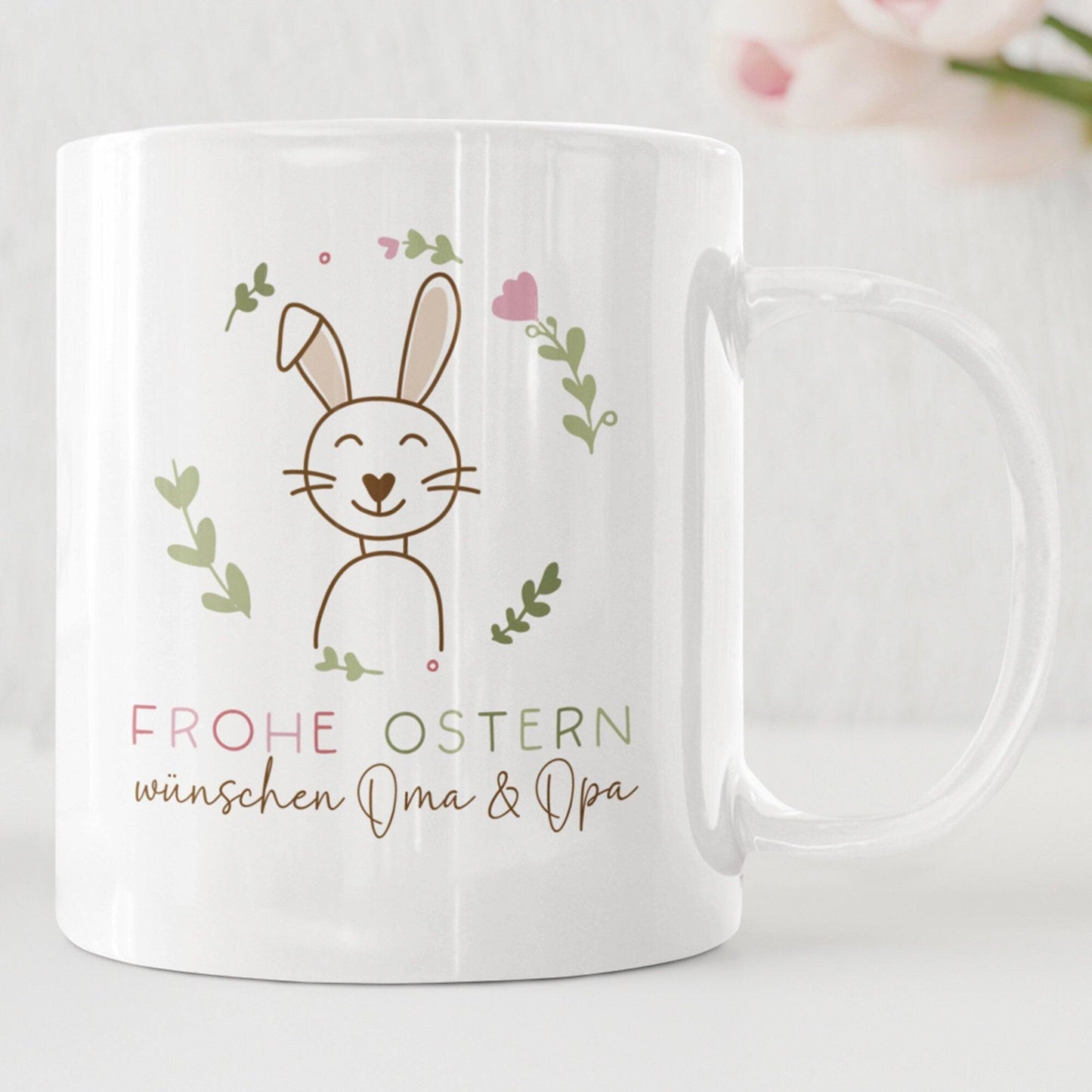 Ostergeschenk personalisiert Tasse mit Namen "Frohe Ostern" Hase Ostergeschenk für Kinder Männer Frauen Geschenkidee zu Ostern. Geschenk kleinebuchstaben ohne Herzen - Weiß