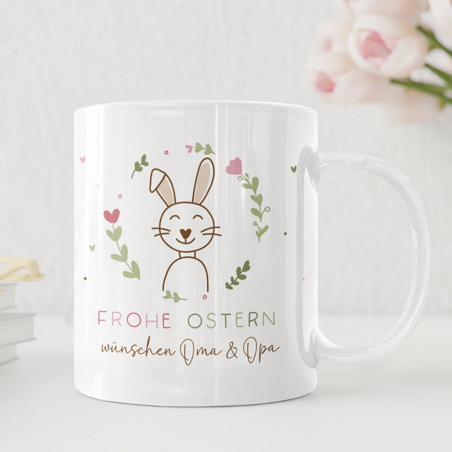 Ostertasse personalisiert mit Namen Frohe Ostern Hase Ostergeschenk für Kinder Männer Frauen Geschenkidee zu Ostern. Geschenk Tasse kleinebuchstaben mit Herzen - Weiß