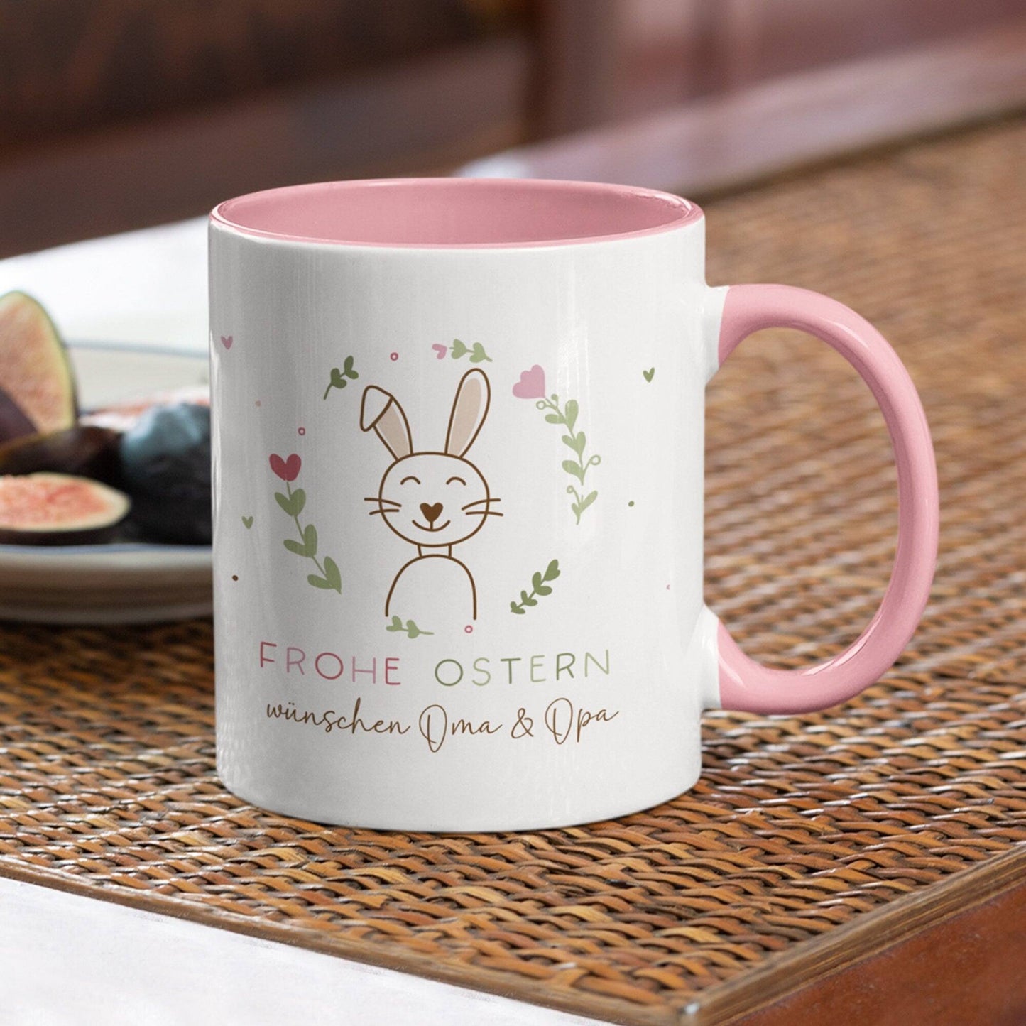 Ostertasse personalisiert mit Namen "Frohe Ostern" - Hase, Ostergeschenk für Kinder Männer Frauen Geschenkidee zu Ostern. Geschenk Tasse kleinebuchstaben mit Herzen - Rosa