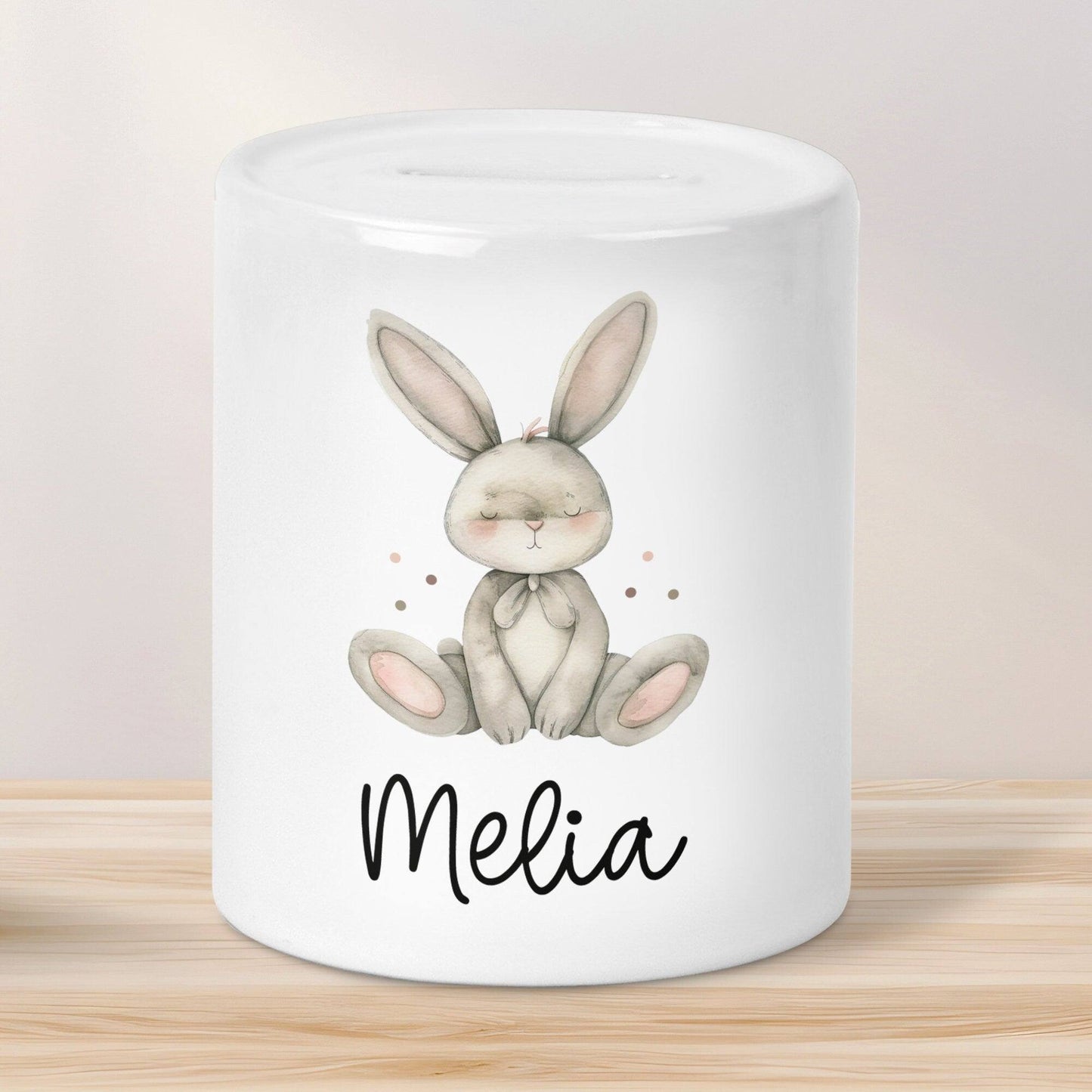 Personalisierte Kinder Spardose Hase Tier mit Namen optional mit Datum - Braun - Geschenk für Junge & Mädchen zum Geburtstag Weihnachten kleinebuchstaben Spardose Hase