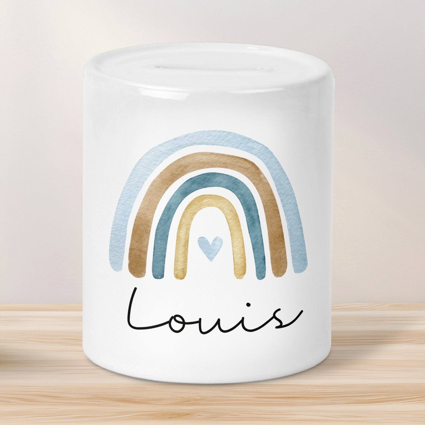 Personalisierte Kinder Spardose Regenbogen Aquarell mit Namen und Datum - Blau - Geschenk für Mädchen zum Geburtstag Weihnachten Firmung kleinebuchstaben