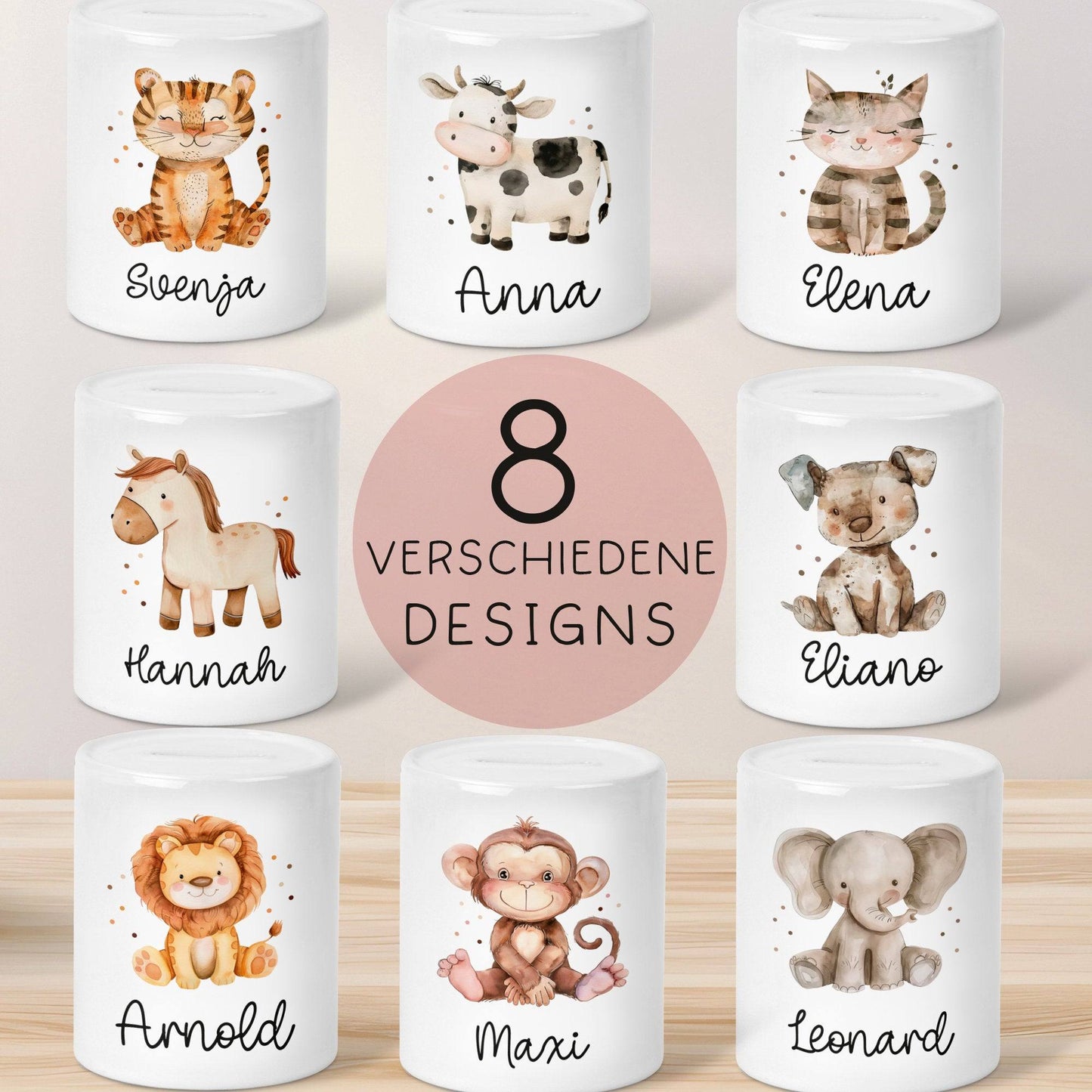 Personalisierte Kinder Spardose Tiere mit Namen optional mit Datum Geschenk für Junge & Mädchen zum Geburtstag Weihnachten, Löwe, Pferd kleinebuchstaben