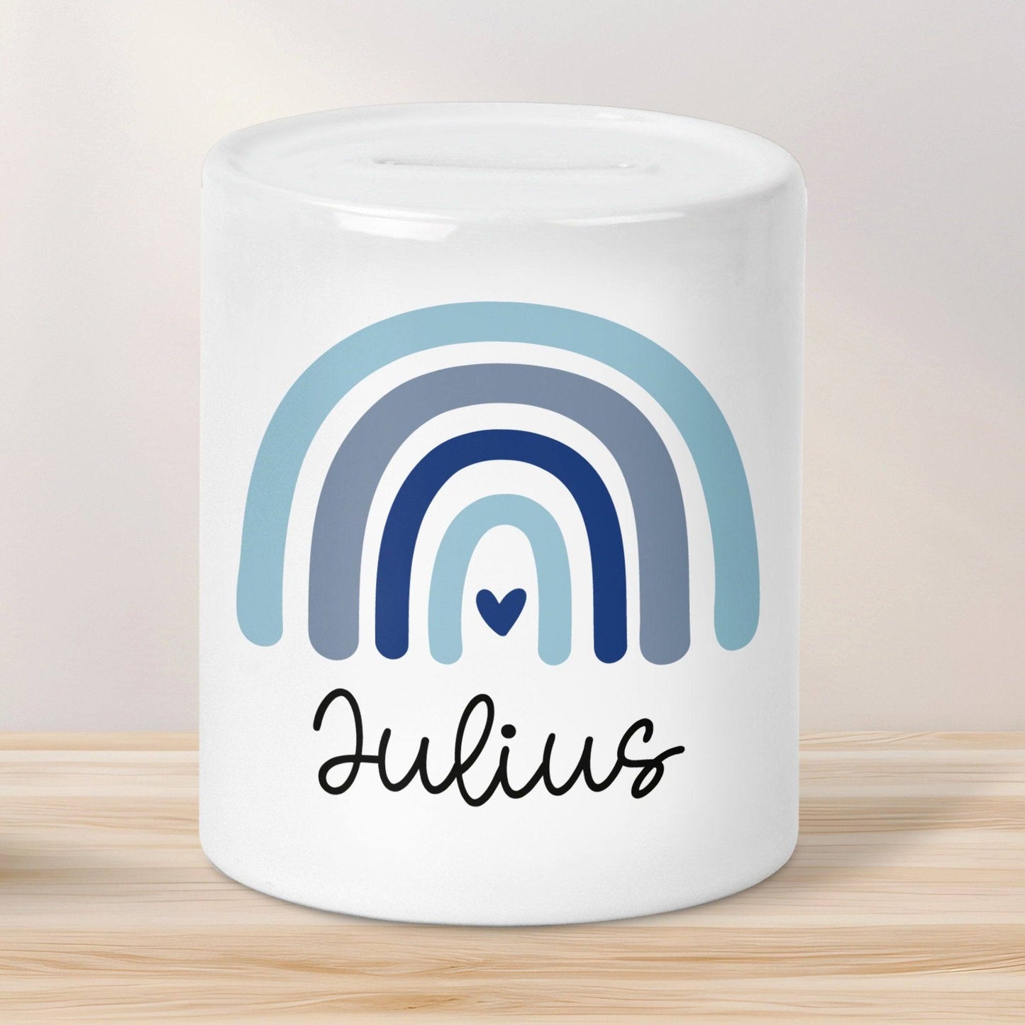 Personalisierte Spardose Regenbogen mit Namen und Datum - Blau - Geschenk für Junge zum Geburtstag Weihnachten Firmung Geburt Einschulung kleinebuchstaben