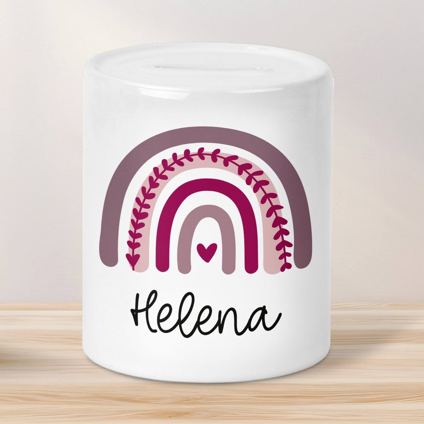 Personalisierte Spardose Regenbogen mit Namen und Datum - Lila - Geschenk für Mädchen zum Geburtstag Weihnachten Firmung Geburt Einschulung kleinebuchstaben
