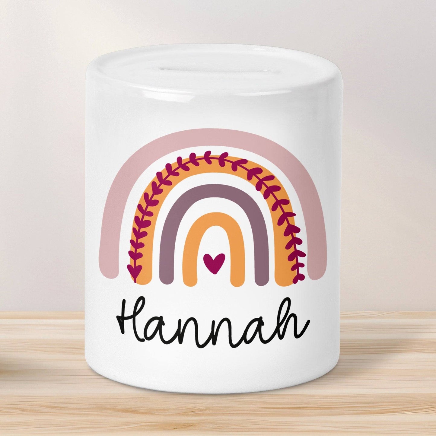 Personalisierte Spardose Regenbogen mit Namen und Datum - Rosa - Geschenk für Mädchen zum Geburtstag Weihnachten Firmung Geburt Einschulung kleinebuchstaben