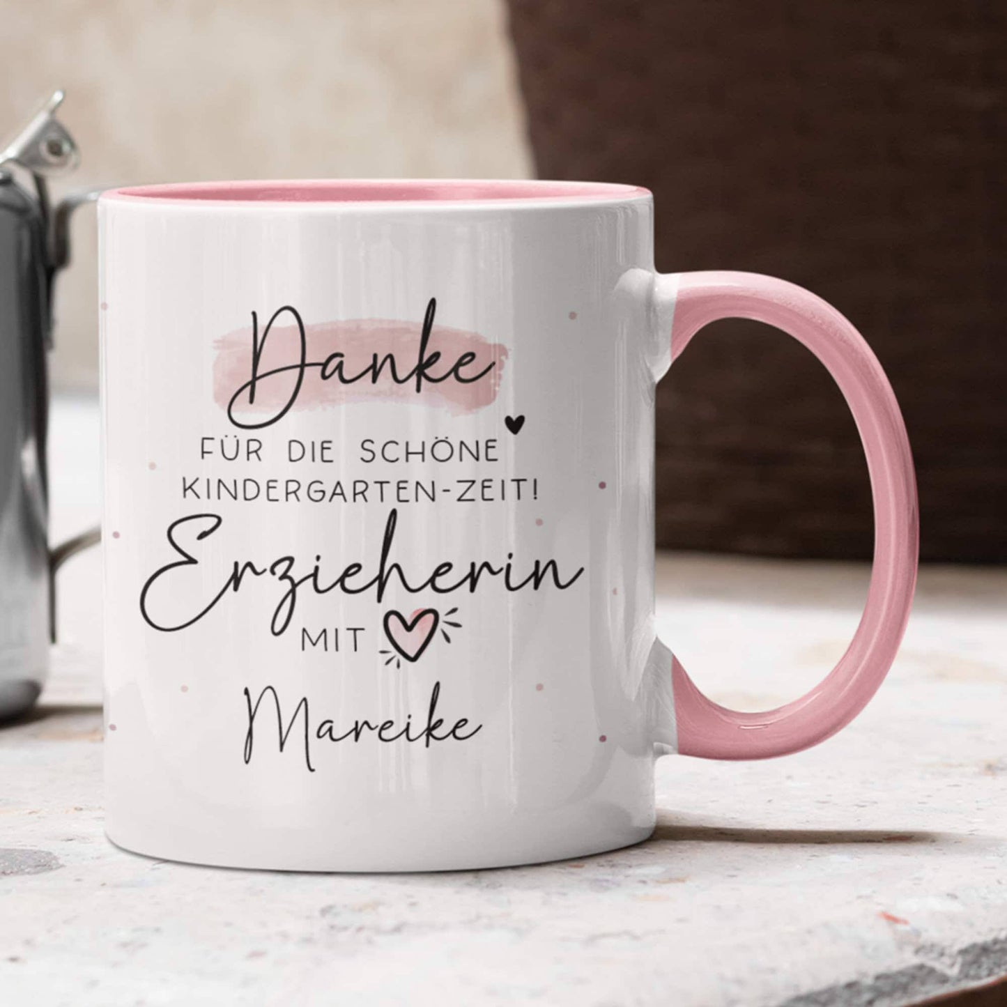 Personalisierte Tasse " Danke für die schöne Kindergarten-Zeit" Geschenke Namen Kinder. Geschenk für Erzieher und Erzieherin. Abschied kleinebuchstaben Innen & Henkel- Rosa
