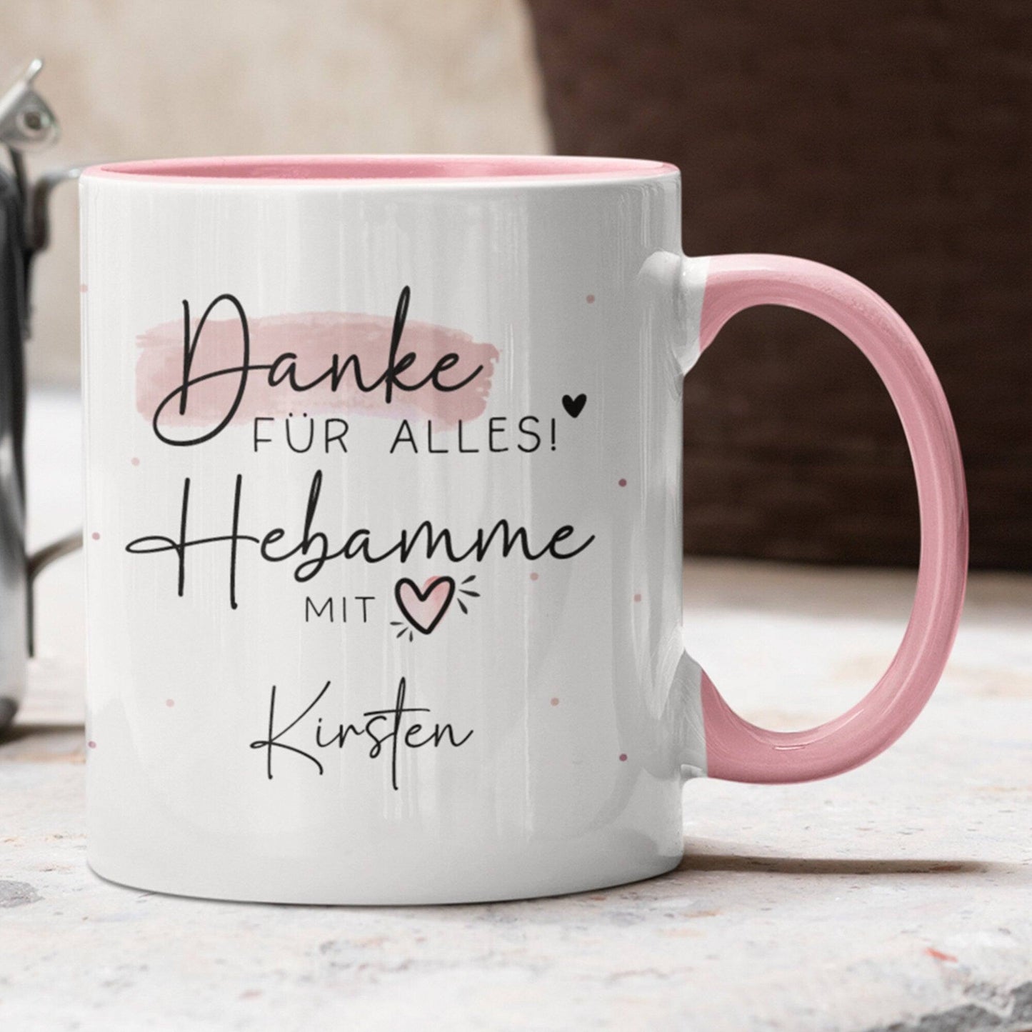 Personalisierte Tasse Hebamme mit Herz - Geschenkidee mit Wunschnamen - Danke für Alles! Geschenk - Hebamme Dankeschön - Schwangerschaft kleinebuchstaben Innen & Henkel -Rosa