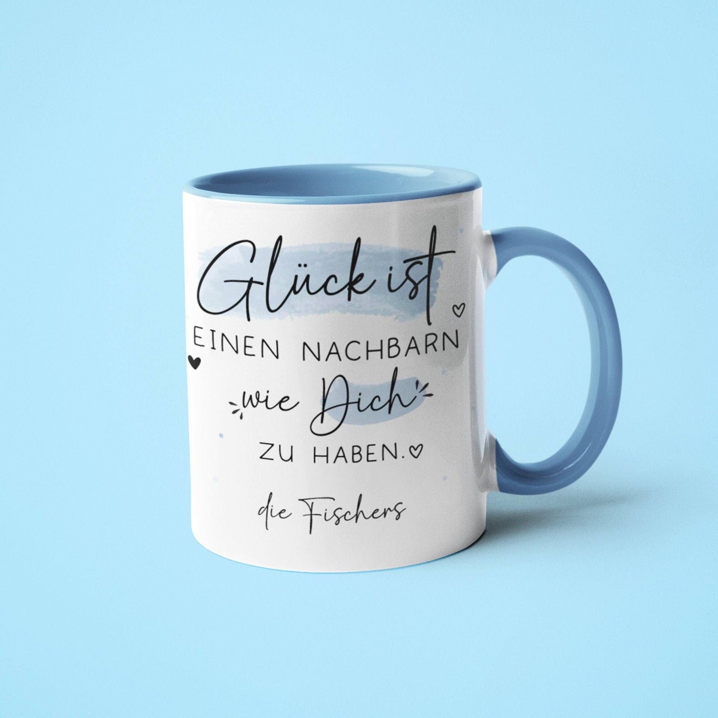 Personalisierte Tasse mit Spruch "Glück ist einen Nachbarn wie dich zu haben" zum Geburtstag, Geschenk, Ostern, Weihnachtsgeschenk, Abschied kleinebuchstaben