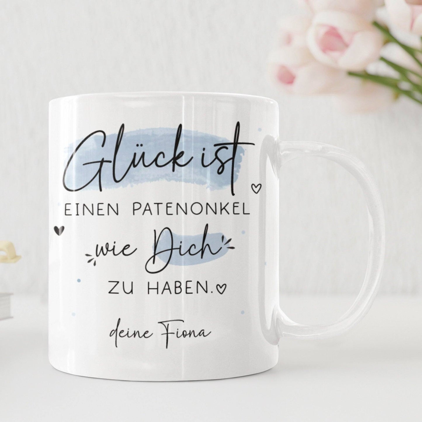 Personalisierte Tasse Patenonkel Name "Glück ist, einen Patenonkel wie dich zu haben". Super Geschenk für Geburtstage, Ostern oder Weihnachten kleinebuchstaben