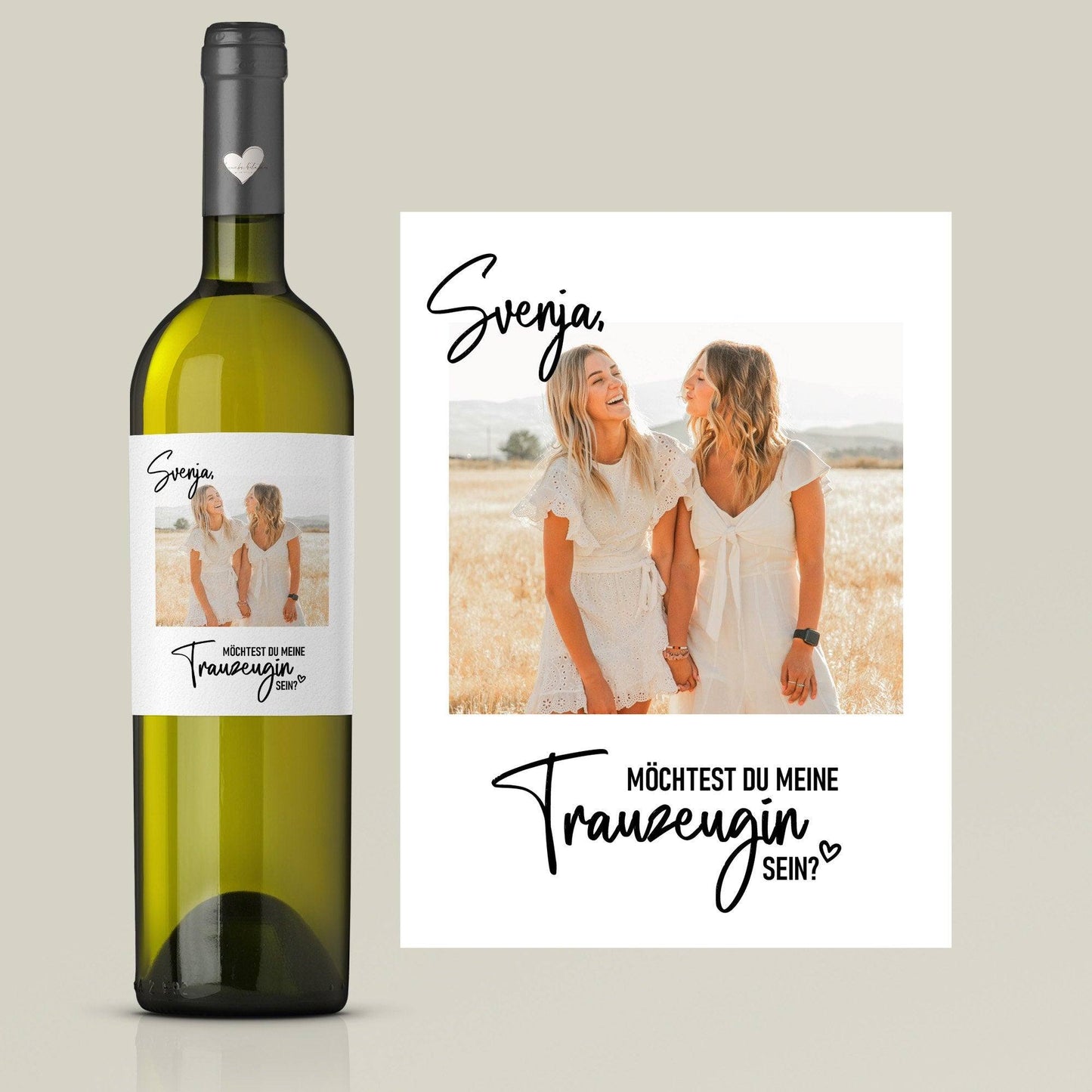 Personalisiertes Weinetikett "Möchtest Du meine Trauzeugin sein?" Flaschenetikett mit Name und Foto, besonderes Geschenk für Freundinnen. kleinebuchstaben