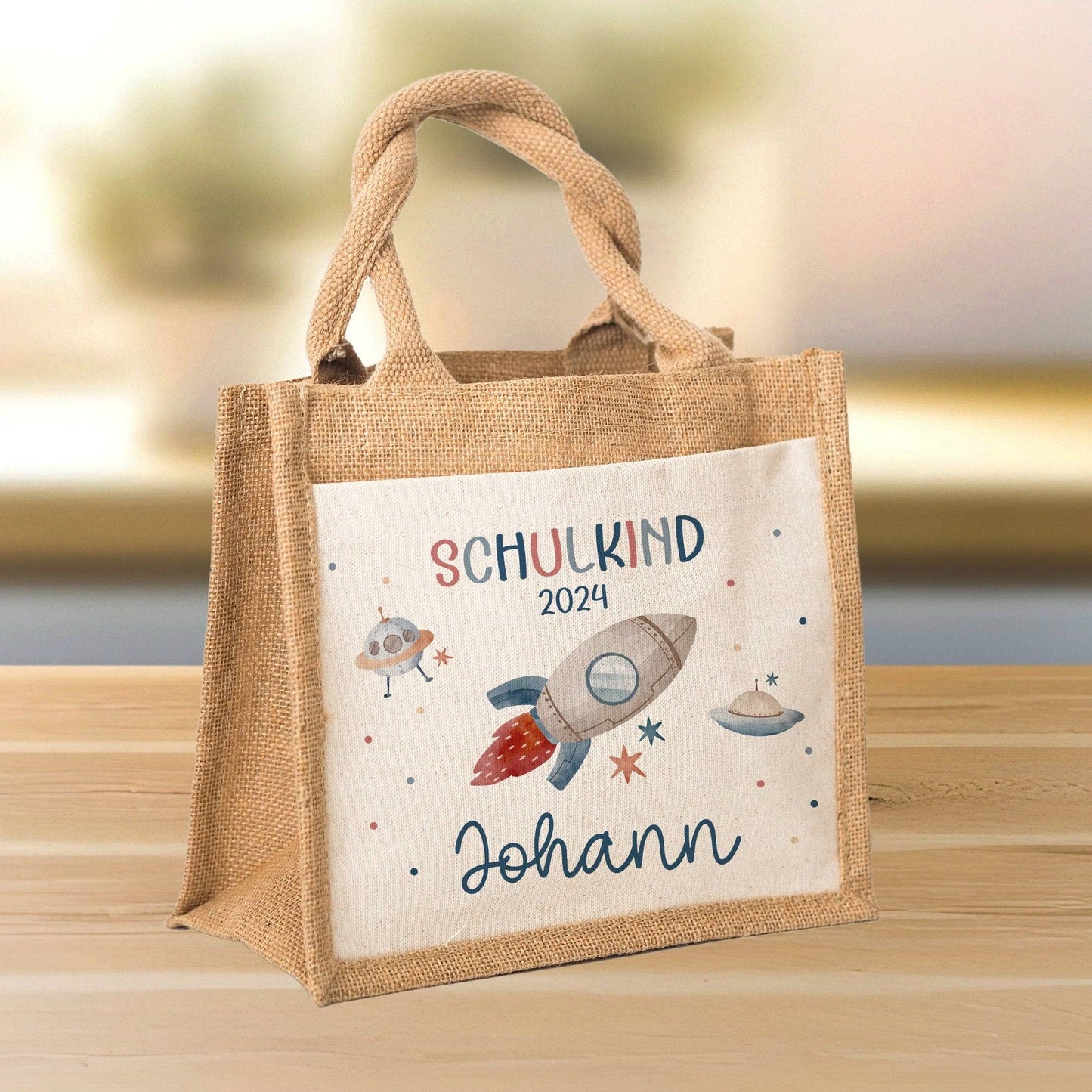 Schulkind 2024 Tasche, Rakete Weltraum Schultasche, Geschenk Einschulung, Schultüte, personalisierte Jutetasche, Einschulungsgeschenk kleinebuchstaben