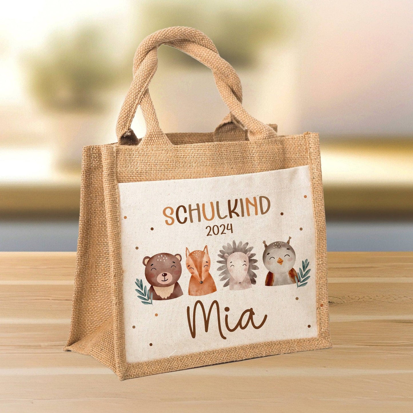 Schulkind Tasche 2024, Waldtiere Bär, Eule Fuchs Igel, Geschenk Einschulung, Schultüte, personalisierte Jutetasche, Einschulungsgeschenk kleinebuchstaben