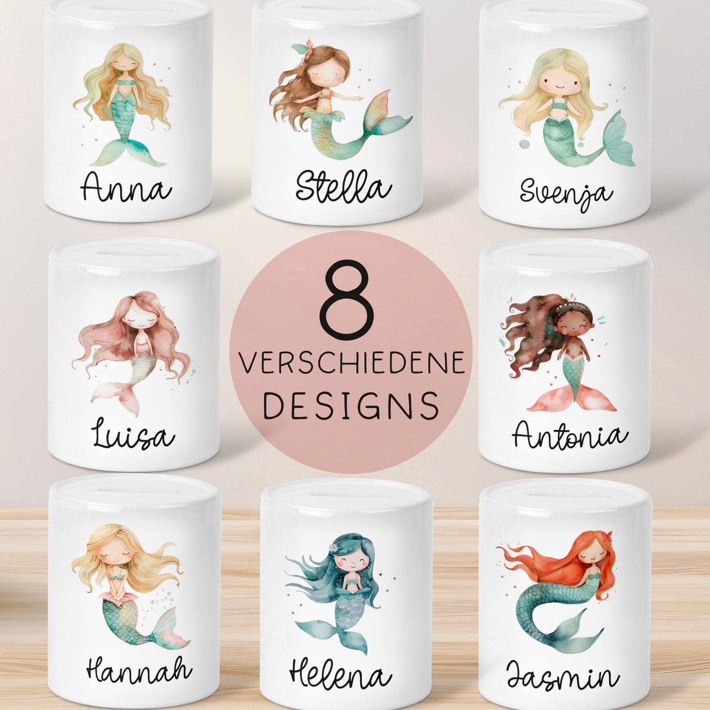Spardose Meerjungfrau Personalisiert mit Name oder Wunschnamen für Mädchen aus Keramik. Geschenk Taufe, Geburtstag od. Weihnachten Sparbox kleinebuchstaben