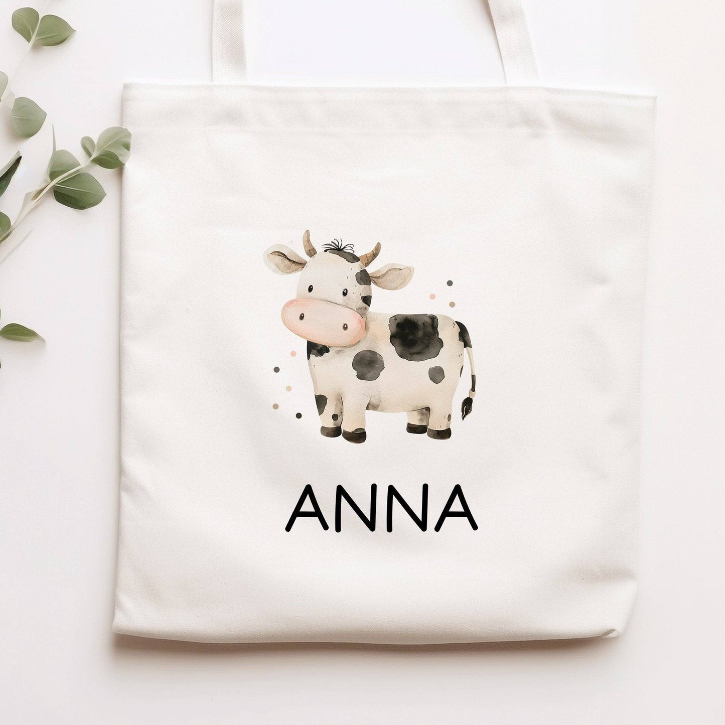 Stofftasche Kuh mit Namen personalisiert Kinder-Beutel als Sporttasche, Wechselwäsche, Stoffbeutel - Kita, Kiga, Schule & Kindergarten kleinebuchstaben