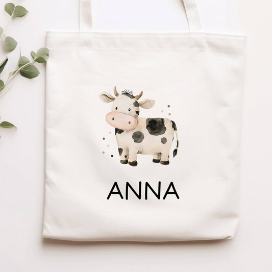 Stofftasche Kuh mit Namen personalisiert Kinder-Beutel als Sporttasche, Wechselwäsche, Stoffbeutel - Kita, Kiga, Schule & Kindergarten  kleinebuchstaben