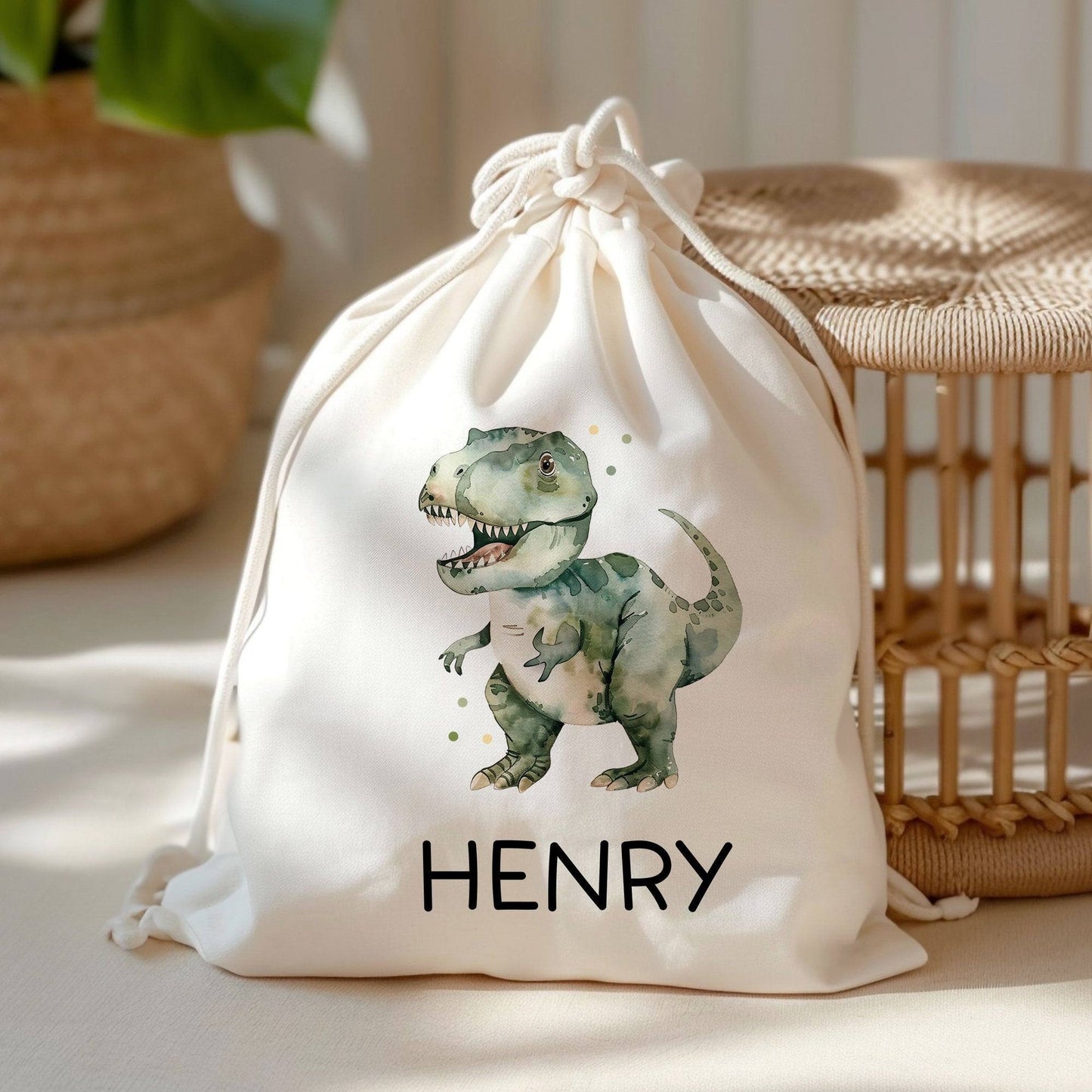 Tyrannosaurus Rex Turnbeutel Dino Dinosaurier Personalisiert mit Wunschnamen | Rucksack Schule, Kindergarten, KITA, Wäschebeutel,Sportbeutel kleinebuchstaben