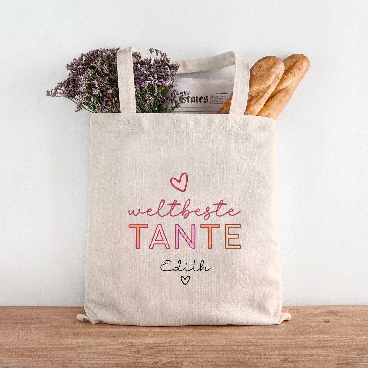 Weltbeste Tante Tasche Stoffbeutel - mit Wunschname - Einkaufstasche - Tolle Geschenkidee für mit Namen zum Geburtstag Personalisiert kleinebuchstaben
