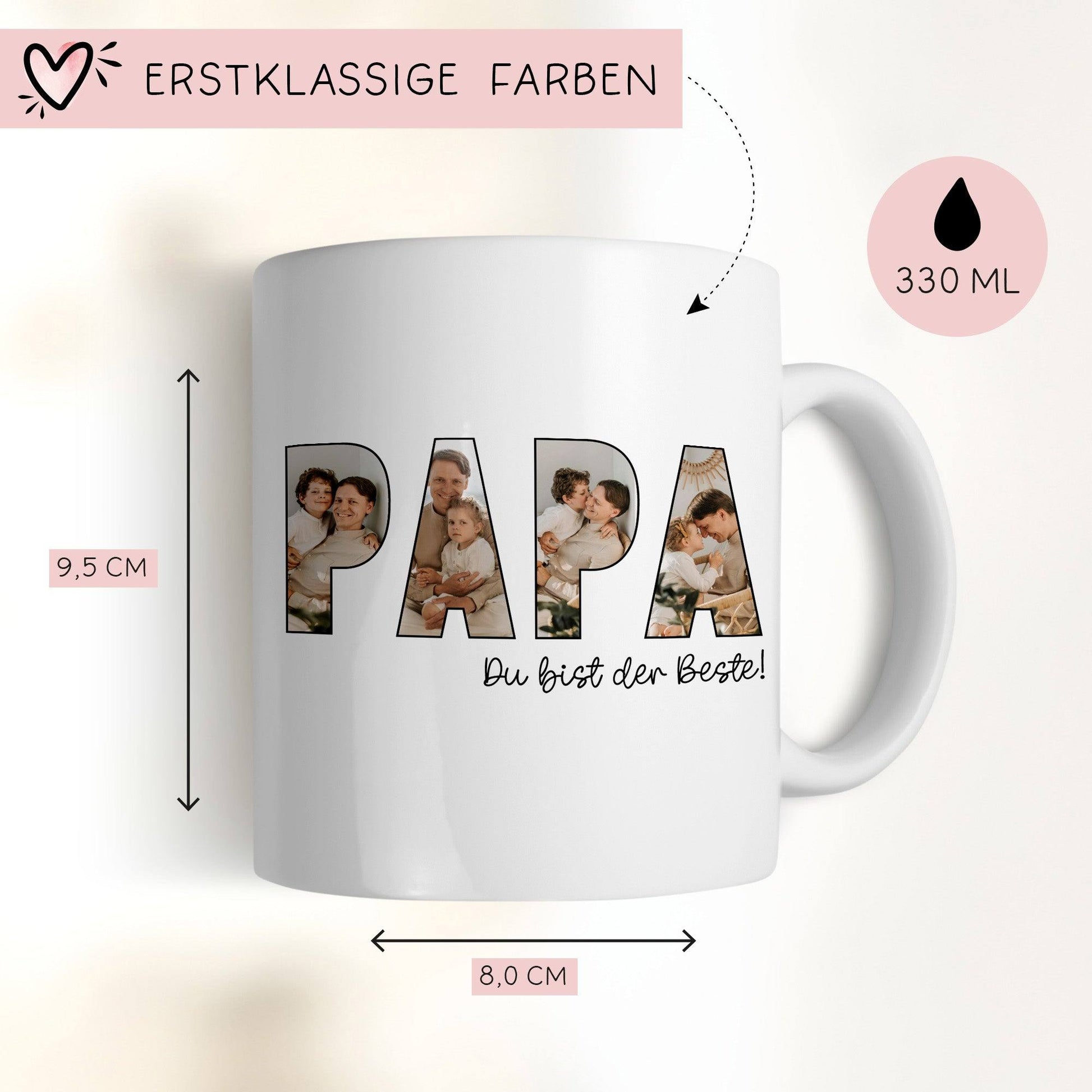 Vatertag Foto Tasse Papa Name mit Fotos personalisiert - mit eigenen Bildern selbst gestalten - Bester Papa, Vater, Dad Geschenk als Vatertagsgeschenk Geburtstag - Weiß  kleinebuchstaben   