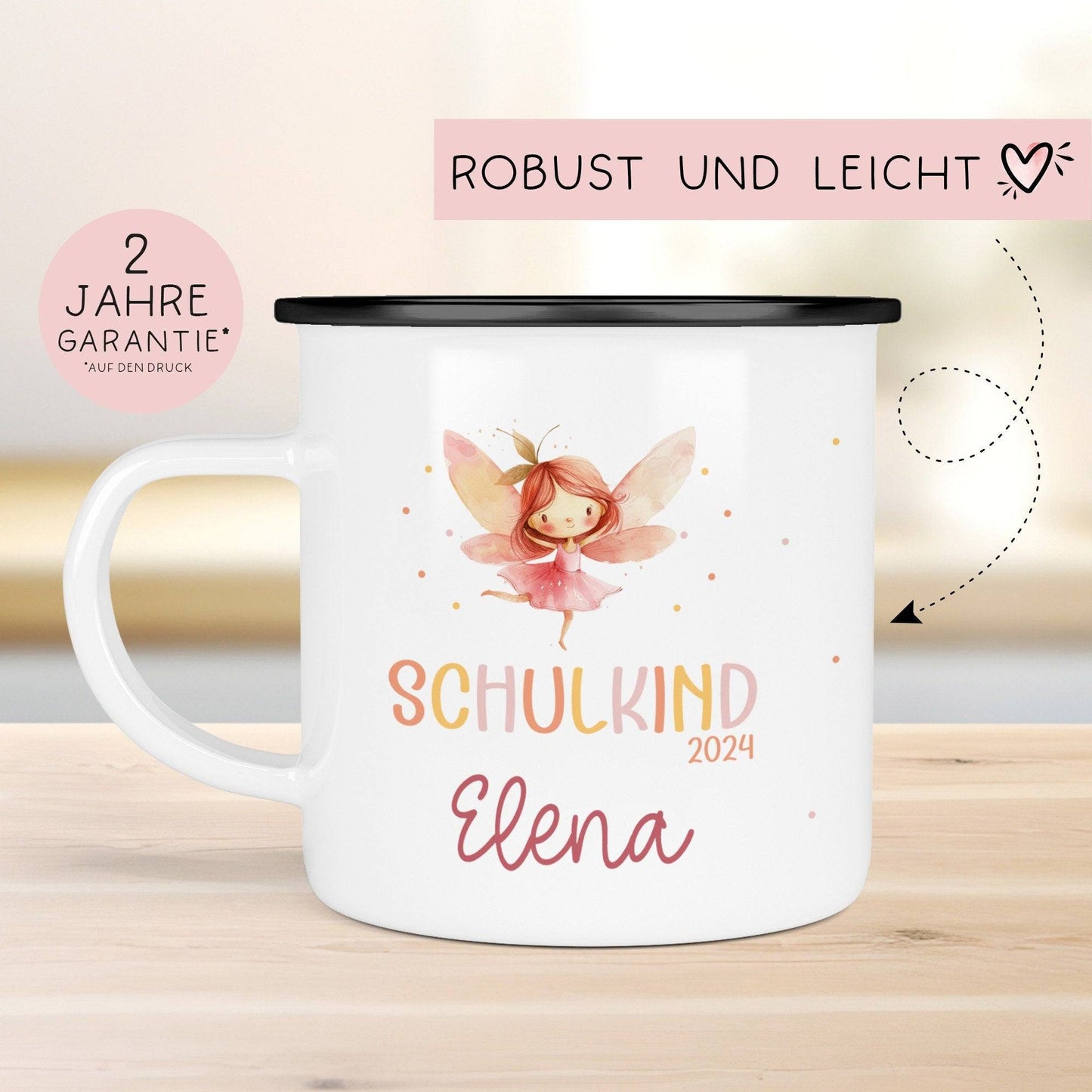 Ballerina Kindertasse Schulanfang  Schulkind 2024 Fee Name Emaille Tasse Kind Kindergeschirr personalisiert Kinder Geschenk  kleinebuchstaben   