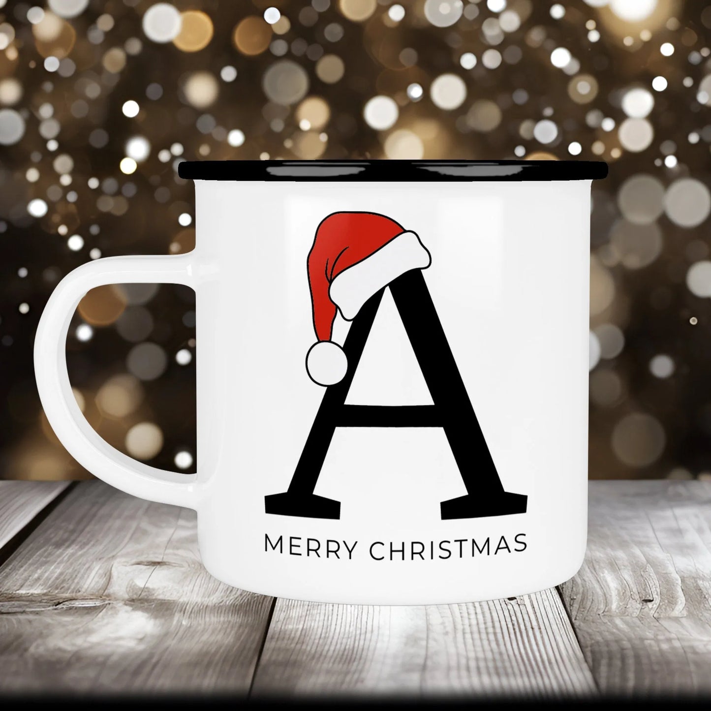 Emaille Tasse Weihnachten Personalisiert - Frohe Weihnachten - Merry Christmas - mit Anfangsbuchstabe und Wunschnamen - Nikolaus - Monogramm  kleinebuchstaben   