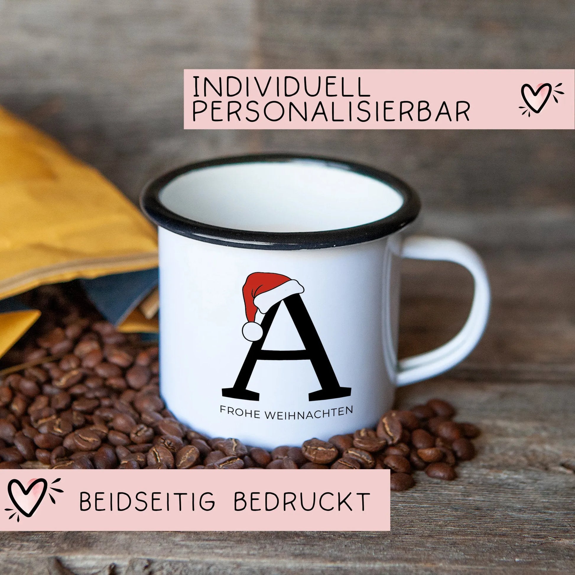 Emaille Tasse Weihnachten Personalisiert - Frohe Weihnachten - Merry Christmas - mit Anfangsbuchstabe und Wunschnamen - Nikolaus - Monogramm  kleinebuchstaben   