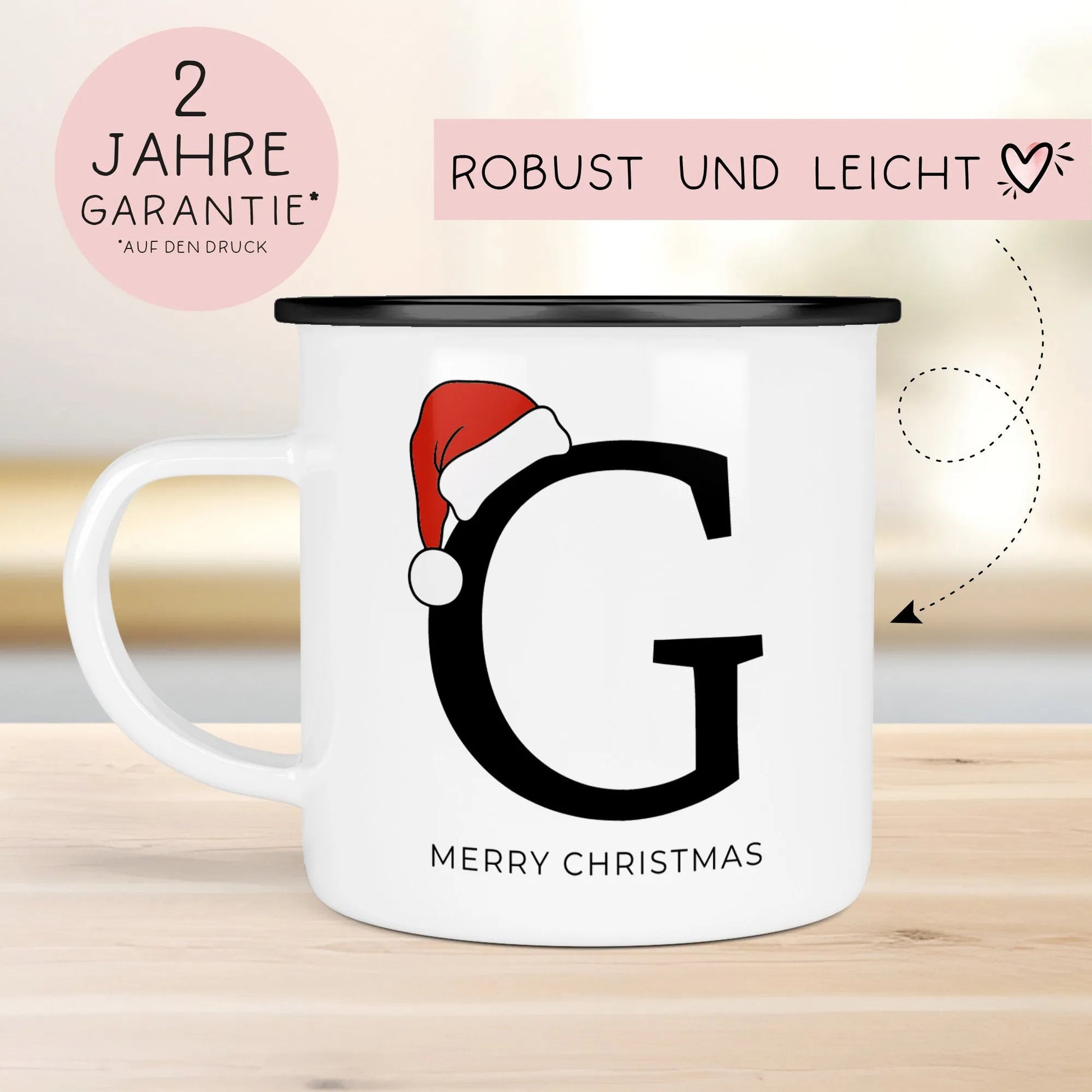 Emaille Tasse Weihnachten Personalisiert - Frohe Weihnachten - Merry Christmas - mit Anfangsbuchstabe und Wunschnamen - Nikolaus - Monogramm  kleinebuchstaben   