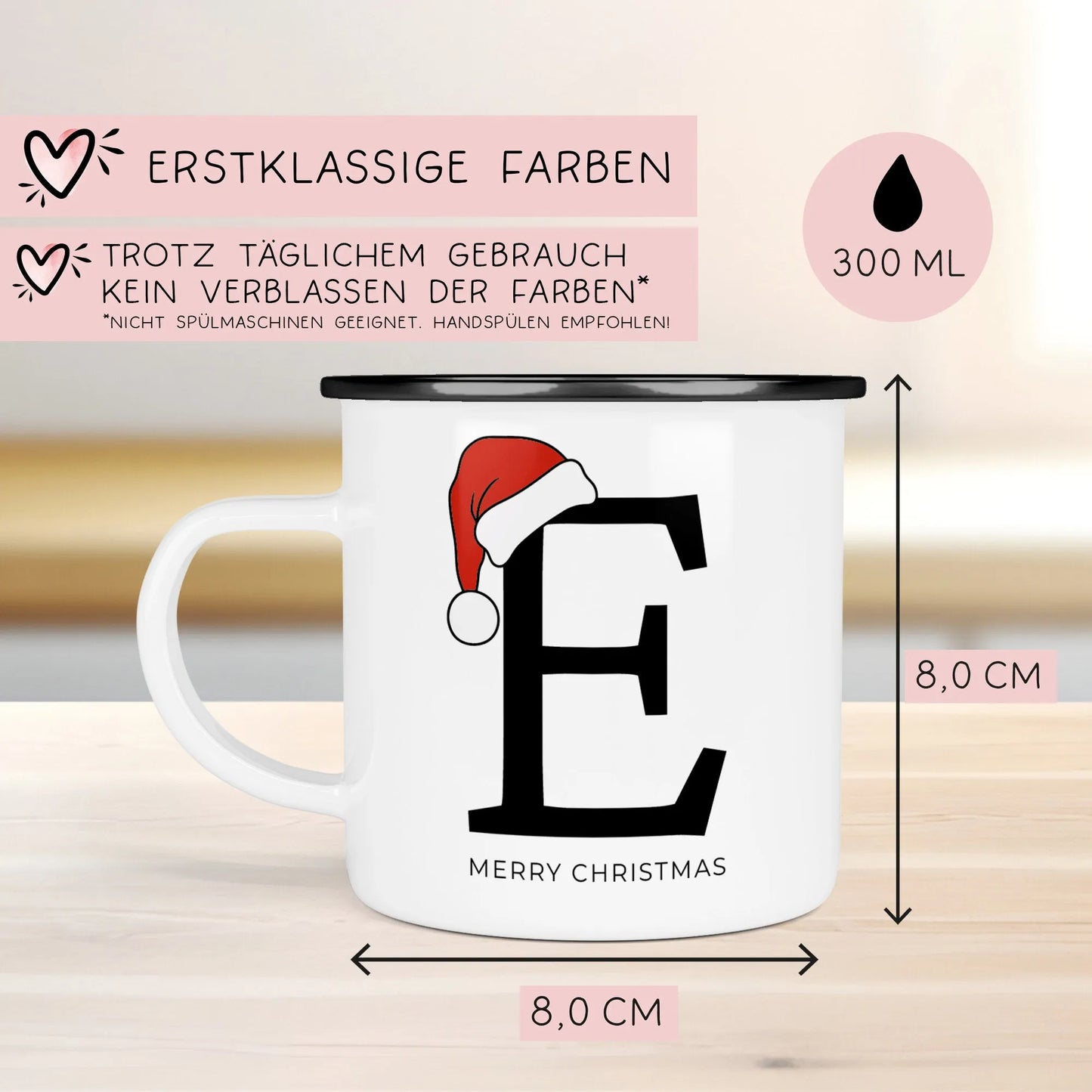 Emaille Tasse Weihnachten Personalisiert - Frohe Weihnachten - Merry Christmas - mit Anfangsbuchstabe und Wunschnamen - Nikolaus - Monogramm  kleinebuchstaben   