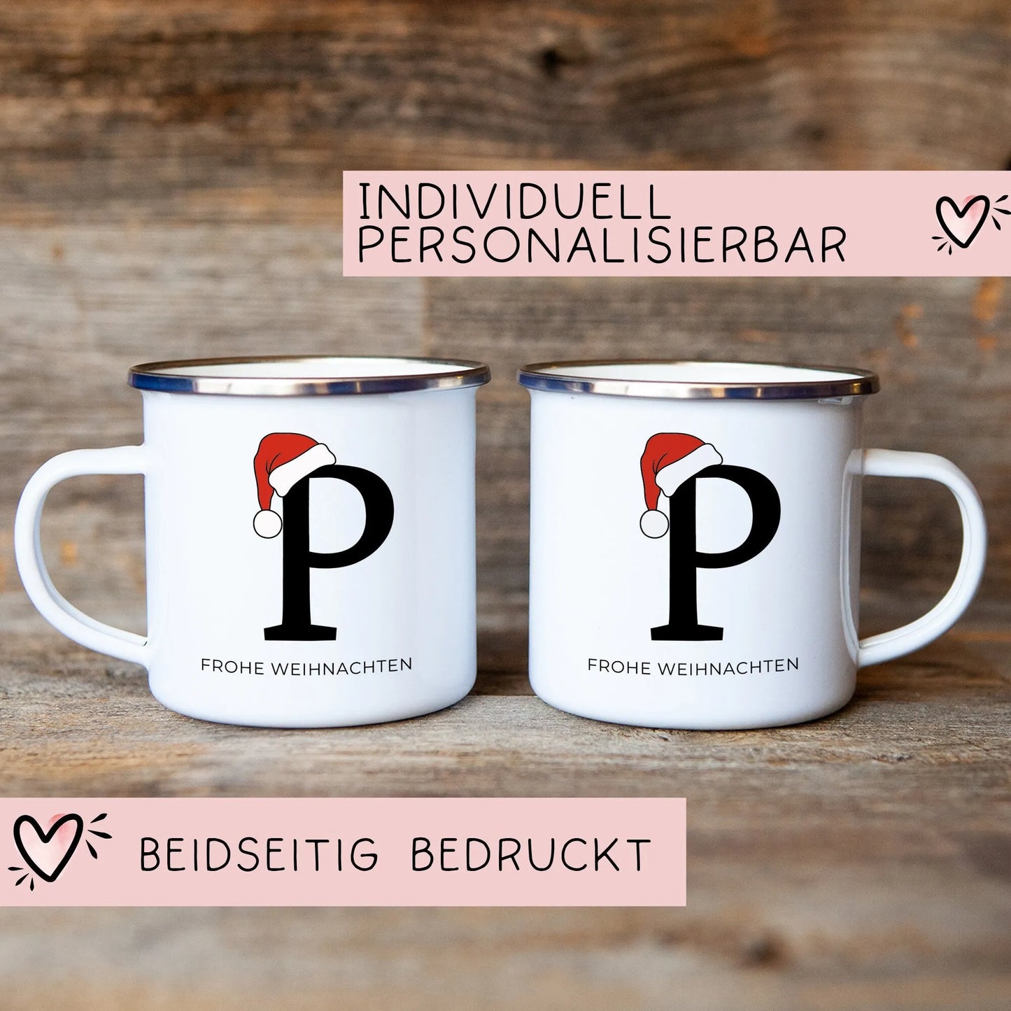 Emaille Tasse Weihnachten Personalisiert - Frohe Weihnachten - Merry Christmas - mit Anfangsbuchstabe und Wunschnamen - Nikolaus - Monogramm  kleinebuchstaben   