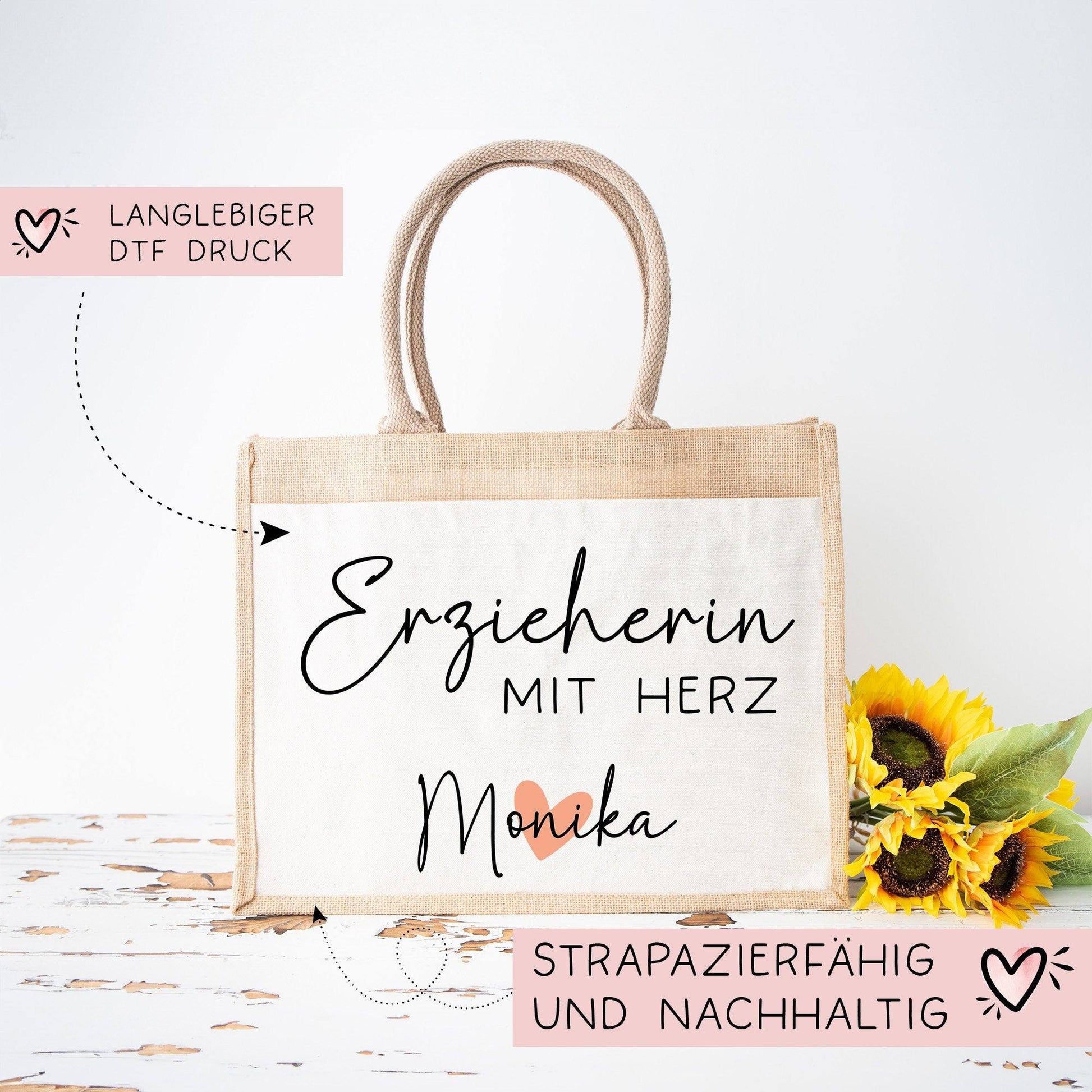 Erzieherin mit Herz - Personalisierte Tasche Jute - Geschenk Juteasche Abschiedsgeschenk Schule Kindergarten - Beste Erzieherin Wunschtext  kleinebuchstaben   