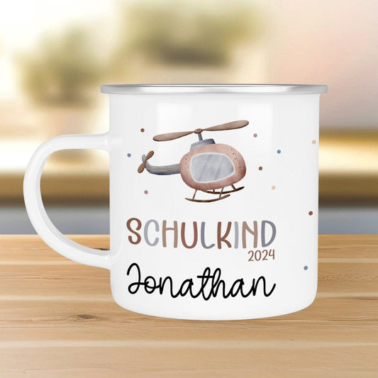 Hubschrauber Kindertasse Schulkind Name Emaille Tasse Kind Kindergeschirr personalisiert Kinder Geschenk Zahnputzbecher Geburtstagsgeschenk  kleinebuchstaben   