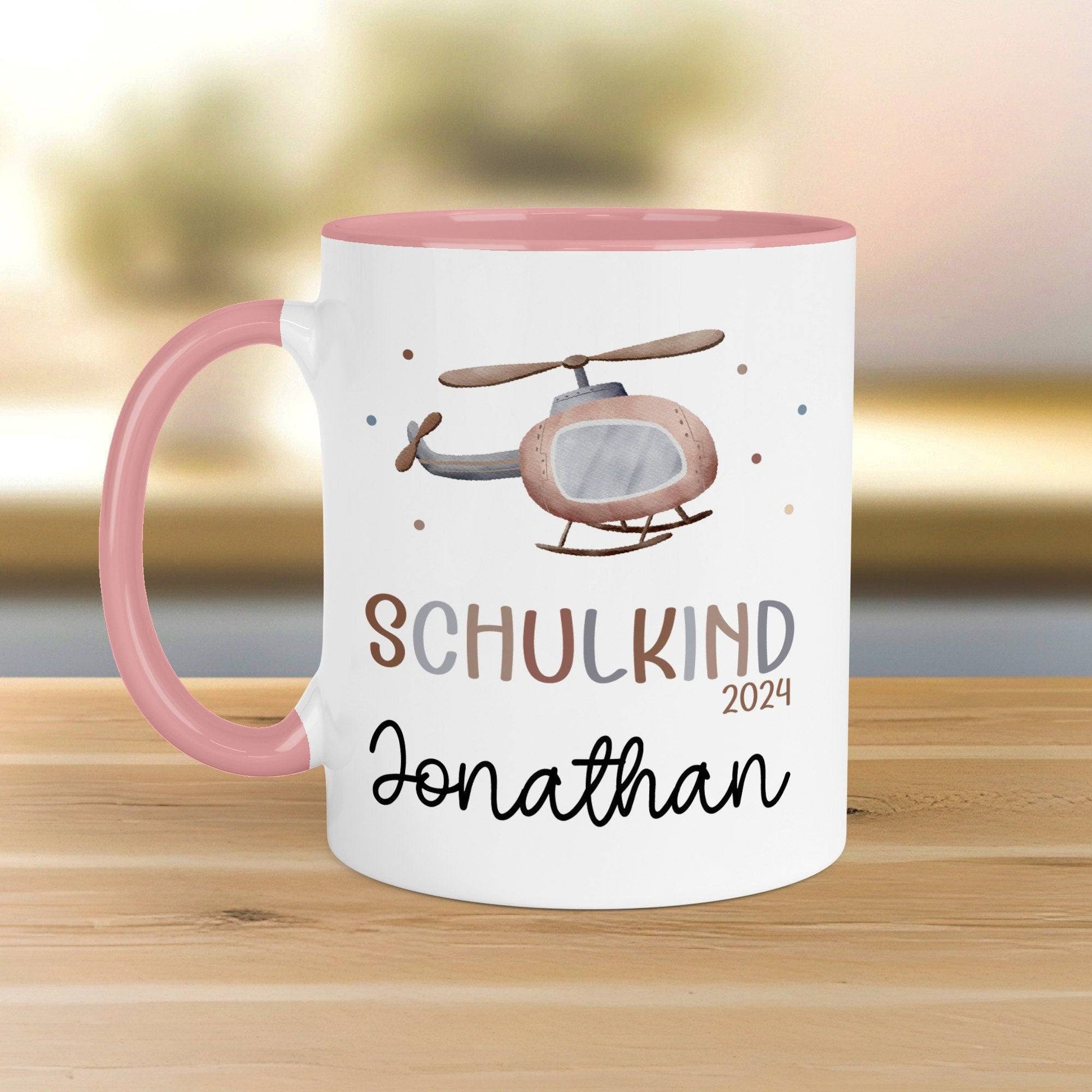 Hubschrauber Schulkind 2024 Kindertasse - personalisierte Kakao Tasse mit Namen - ideales Kindergeschirr - perfektes Geschenk Kinder  kleinebuchstaben   