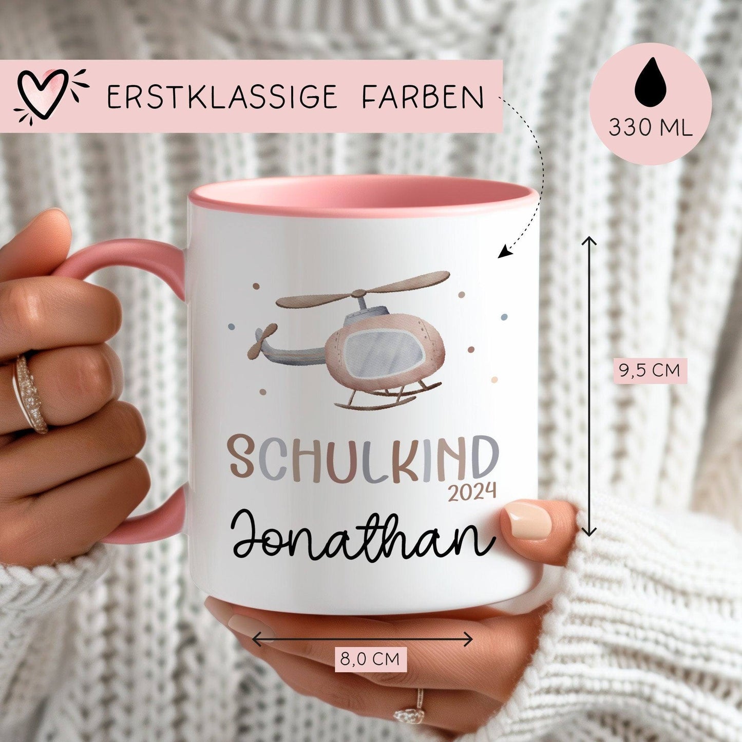 Hubschrauber Schulkind 2024 Kindertasse - personalisierte Kakao Tasse mit Namen - ideales Kindergeschirr - perfektes Geschenk Kinder  kleinebuchstaben   