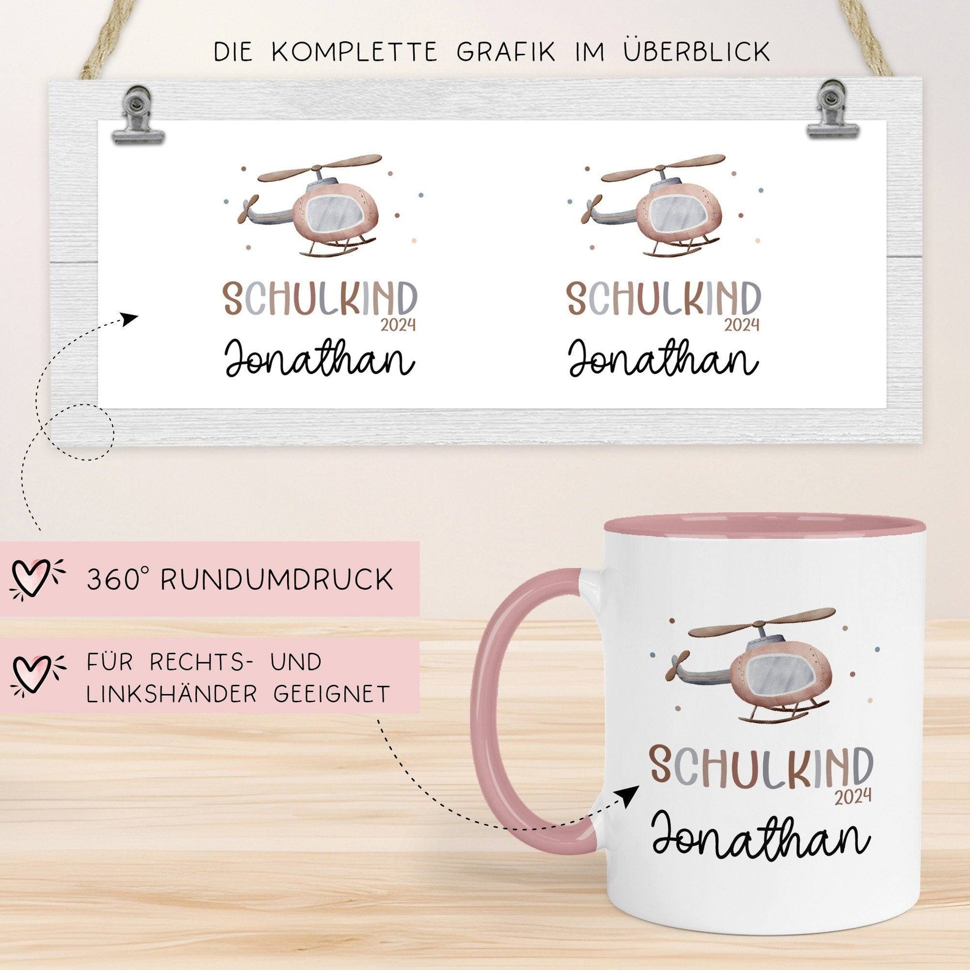 Hubschrauber Schulkind 2024 Kindertasse - personalisierte Kakao Tasse mit Namen - ideales Kindergeschirr - perfektes Geschenk Kinder  kleinebuchstaben   