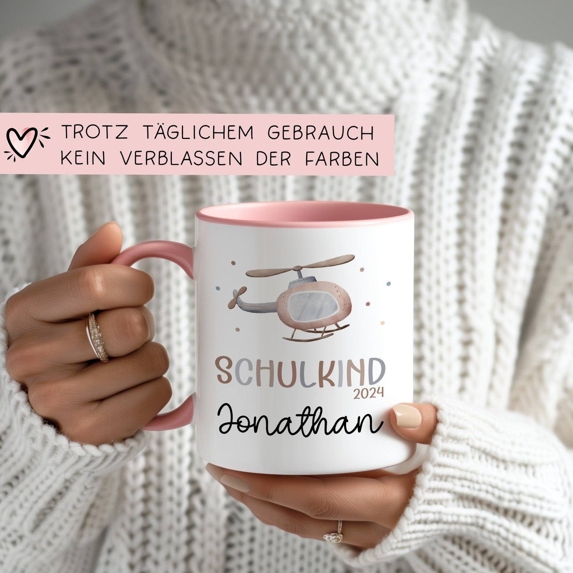 Hubschrauber Schulkind 2024 Kindertasse - personalisierte Kakao Tasse mit Namen - ideales Kindergeschirr - perfektes Geschenk Kinder  kleinebuchstaben   