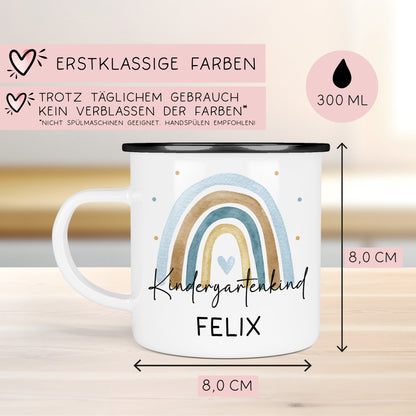 Kindergartenkind Geschenk zum Kindergartenstart Kindergartenkind Tasse Kita Start Tasse Kindergarten Personalisiert Emaille Tasse Becher  kleinebuchstaben Regenbogen Blau Silber 