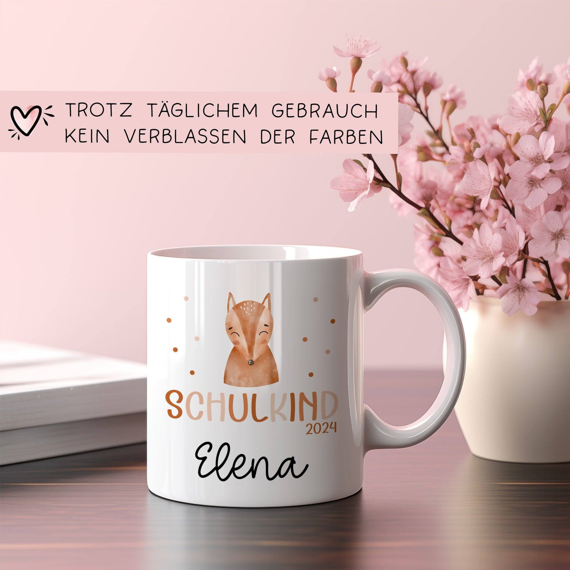 Kindertasse Schulkind 2024 Fuchs Name Tasse Kind Kindergeschirr personalisiert Kinder Geschenk Kakao Becher Einschulung  kleinebuchstaben   