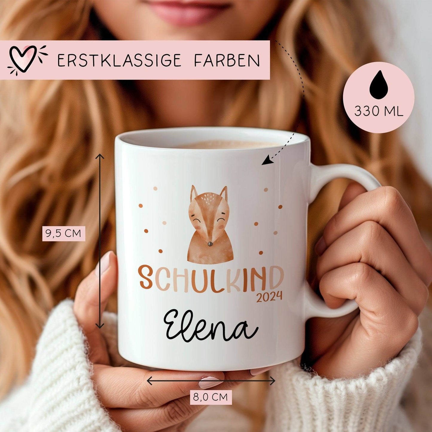 Kindertasse Schulkind 2024 Fuchs Name Tasse Kind Kindergeschirr personalisiert Kinder Geschenk Kakao Becher Einschulung  kleinebuchstaben   