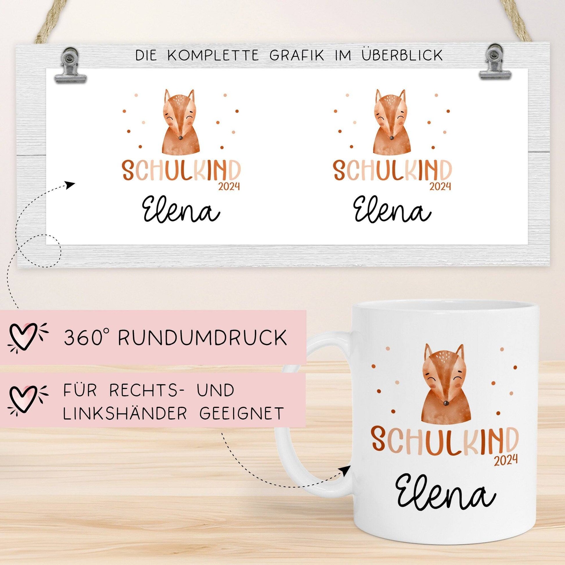 Kindertasse Schulkind 2024 Fuchs Name Tasse Kind Kindergeschirr personalisiert Kinder Geschenk Kakao Becher Einschulung  kleinebuchstaben   