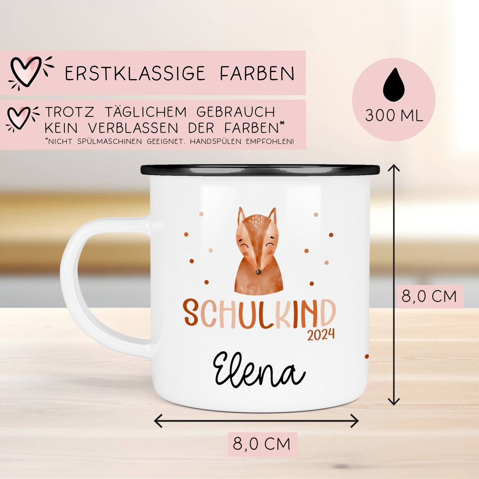 Kindertasse Schulkind 2024 mit Fuchs-Motiv - personalisierte Emaille-Tasse mit Namen - ideales Kindergeschirr Schulanfang  kleinebuchstaben   