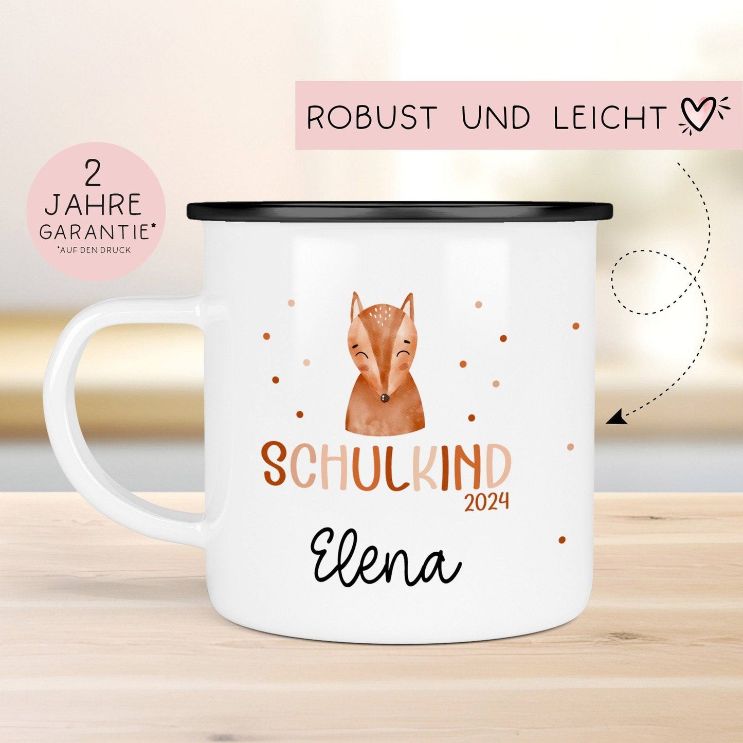 Kindertasse Schulkind 2024 mit Fuchs-Motiv - personalisierte Emaille-Tasse mit Namen - ideales Kindergeschirr Schulanfang  kleinebuchstaben   