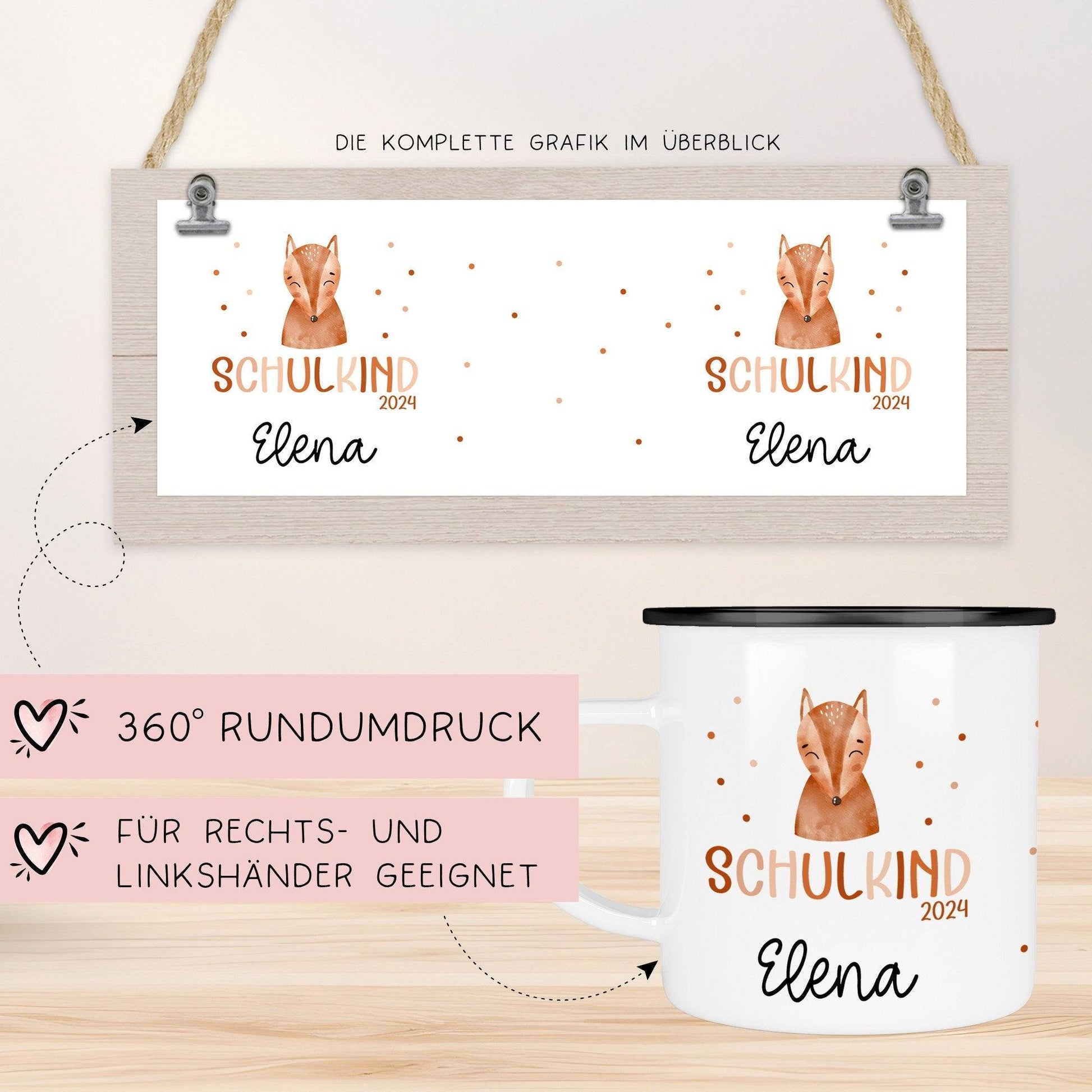 Kindertasse Schulkind 2024 mit Fuchs-Motiv - personalisierte Emaille-Tasse mit Namen - ideales Kindergeschirr Schulanfang  kleinebuchstaben   