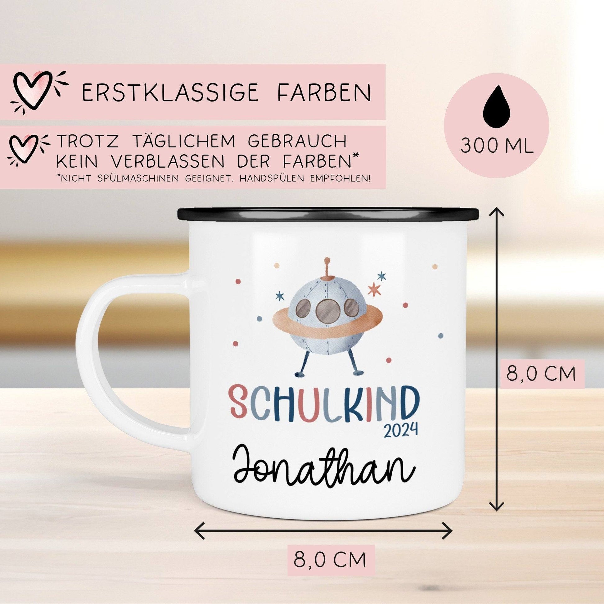 Kindertasse Schulkind 2024 mit UFO-Weltraum-Motiv - personalisierte Emaille-Tasse mit Namen - ideales Einschulungsgeschenk  kleinebuchstaben   